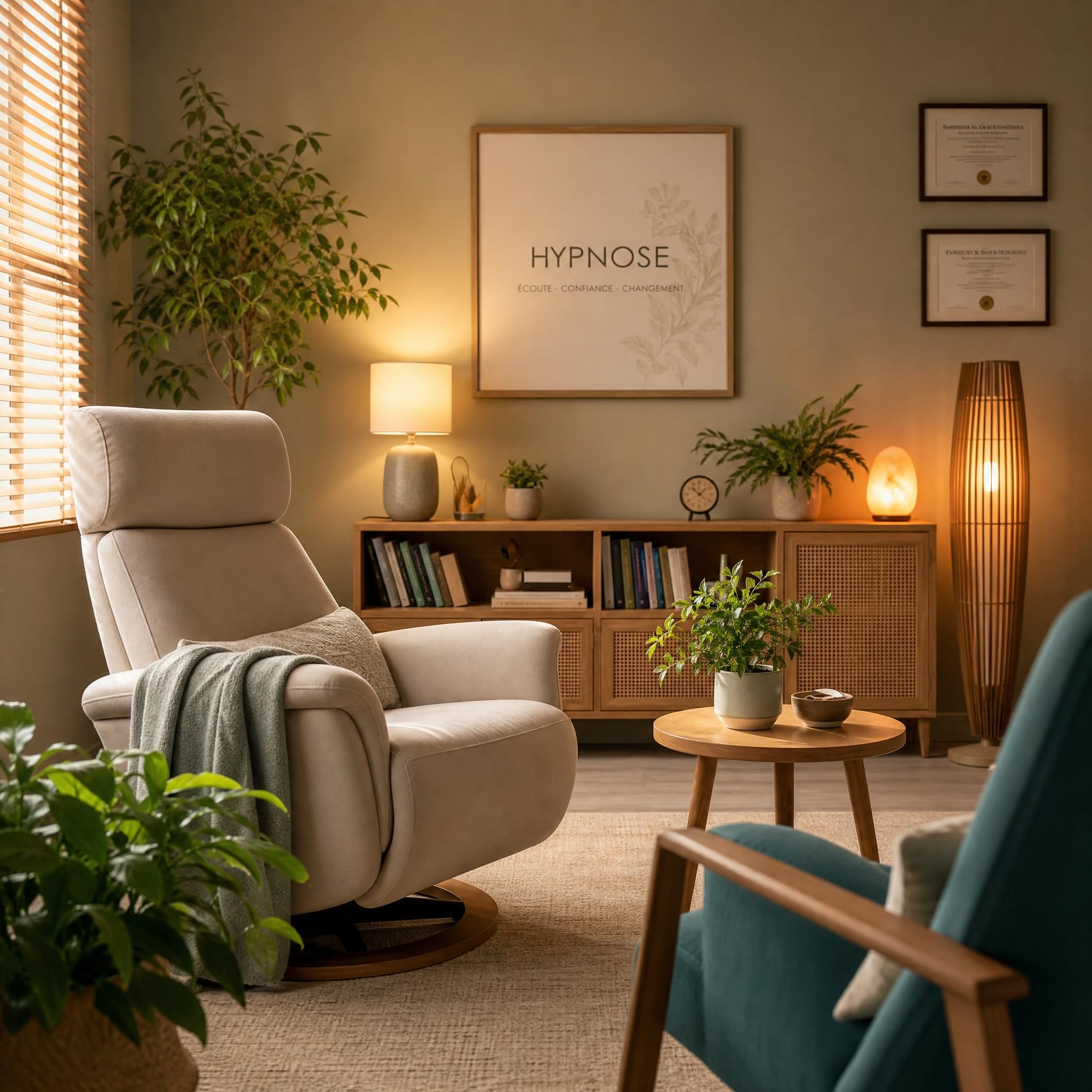 Vue d'un cabinet d'hypnose chaleureux et professionnel, fauteuil confortable, lumière douce, plantes vertes, atmosphère bienveillante et sécurisante