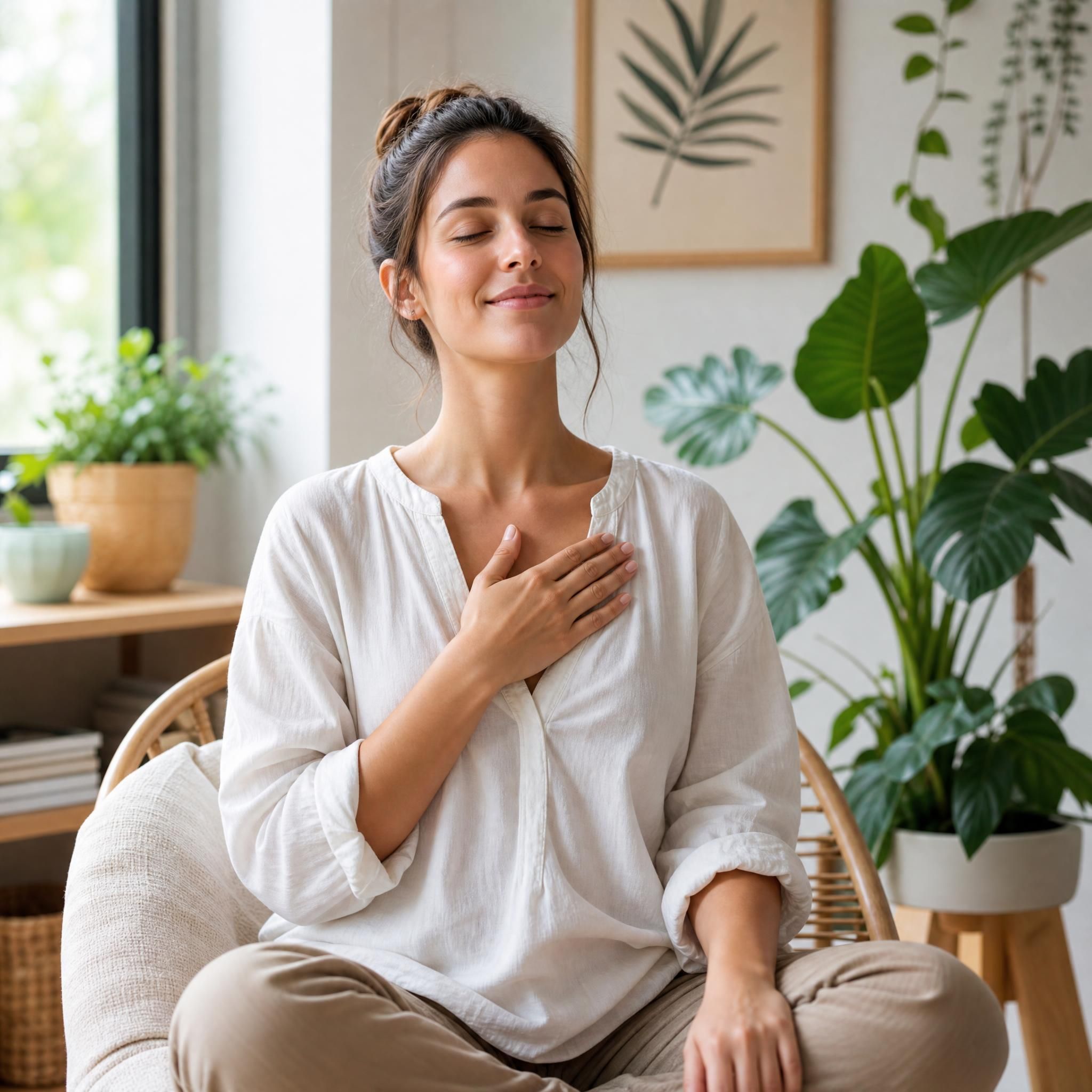 Personne assise confortablement, main posée sur la poitrine, yeux mi-clos, expression de sérénité, dans un espace lumineux et apaisant avec des plantes vertes