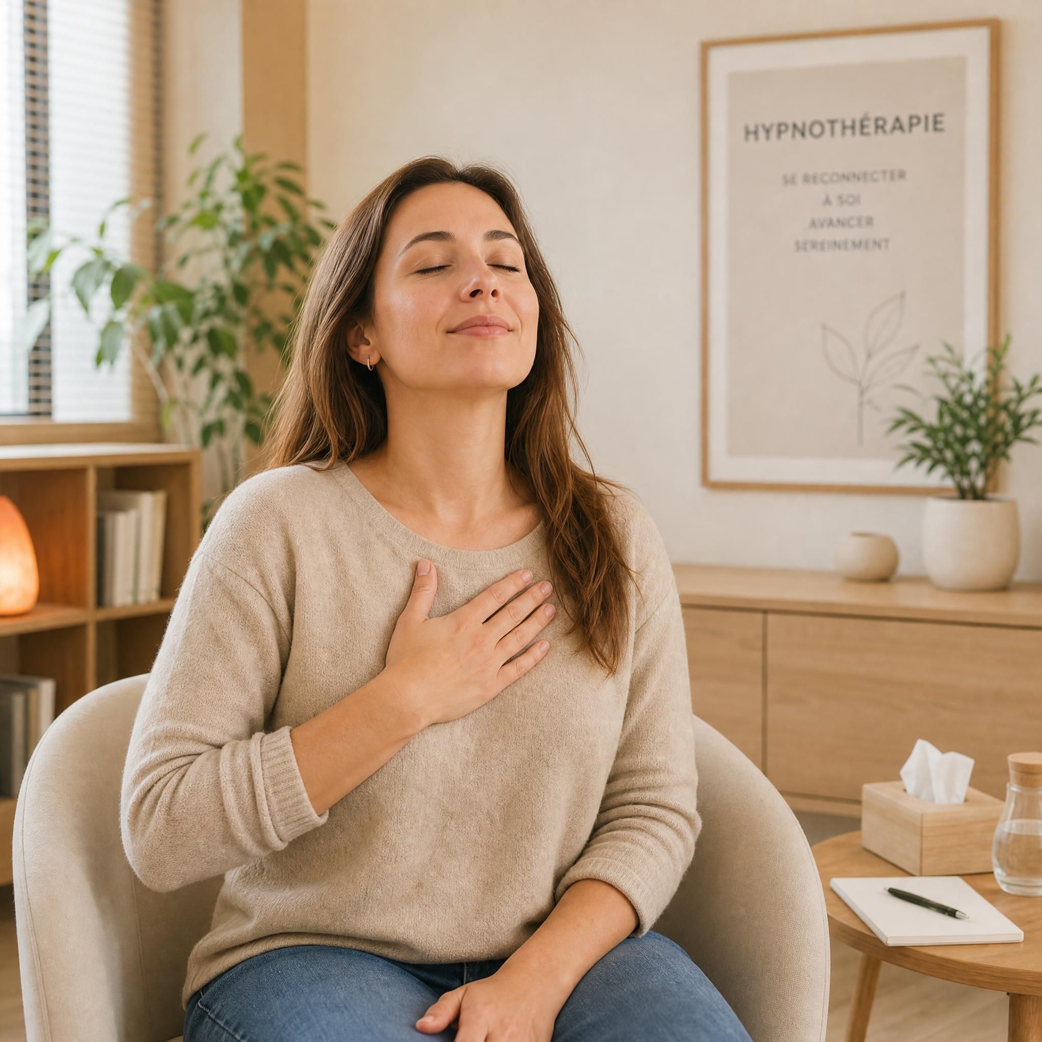 Femme d'une trentaine d'années, sereine, qui pose la main sur sa poitrine, yeux mi-clos, expression de soulagement profond, dans un cabinet d'hypnothérapie moderne aux tons beige et bois clair, lumière naturelle douce