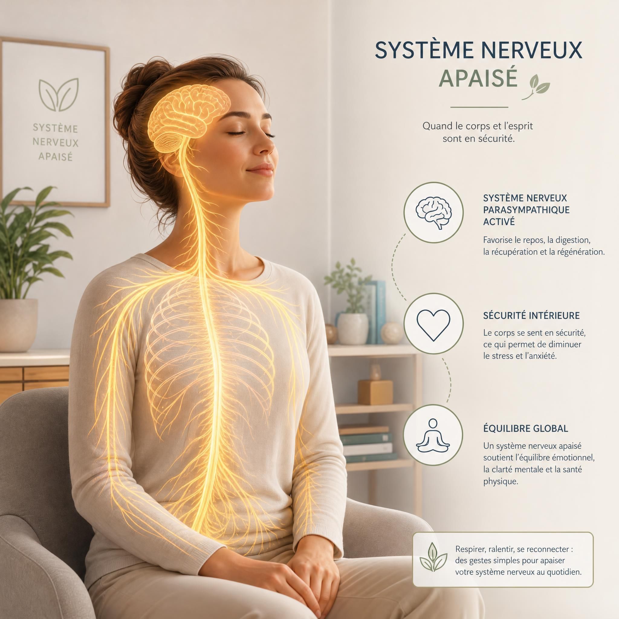 Illustration scientifique moderne montrant une personne sereine avec une représentation visuelle du système nerveux apaisé, ambiance cabinet médical chaleureux, tons doux