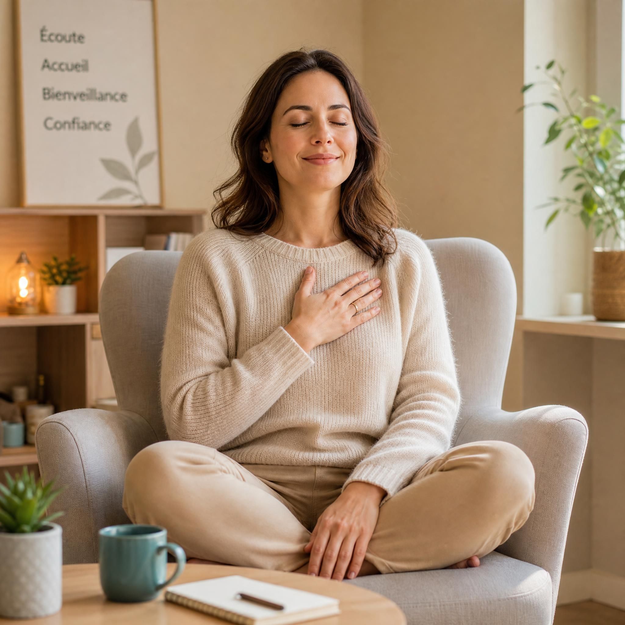 Femme assise en posture de méditation dans un fauteuil confortable, main posée sur le cœur, expression sereine et apaisée, lumière naturelle douce — plan moyen, ambiance de cabinet thérapeutique chaleureux