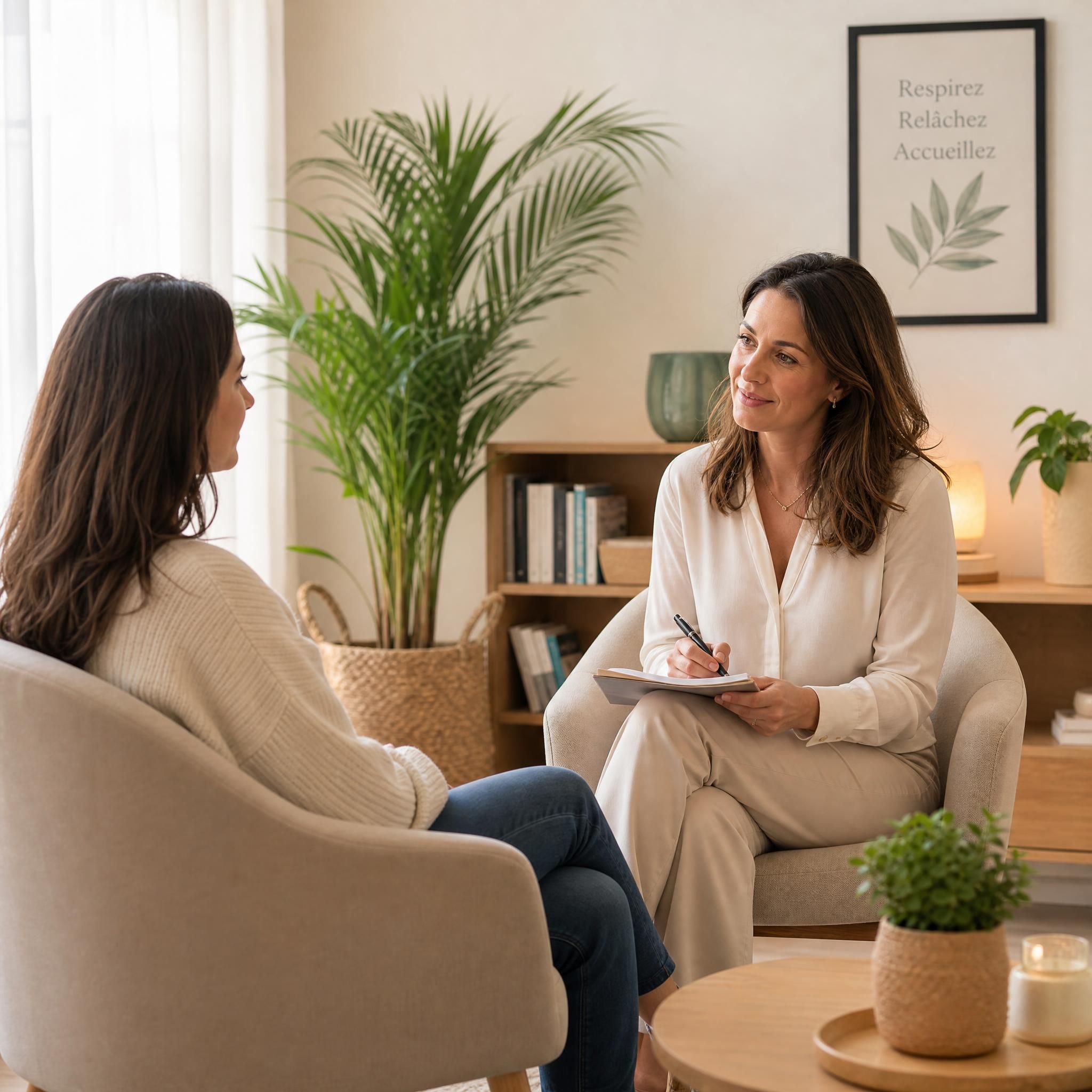 Praticienne en hypnothérapie en séance avec une patiente, toutes deux assises face à face dans un cabinet chaleureux aux tons doux, plantes vertes et lumière naturelle, atmosphère de confiance et de bienveillance, plan moyen