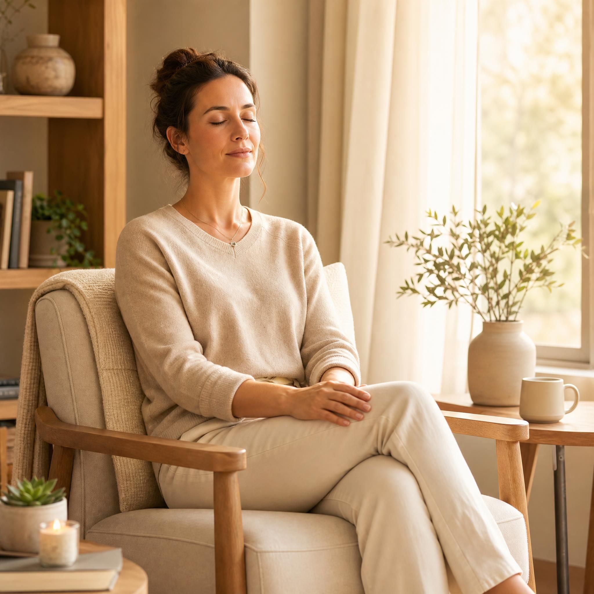 Femme assise en position détendue dans un fauteuil confortable, les mains posées sur les genoux, yeux fermés, expression sereine, lumière douce filtrée par une fenêtre, tons chauds beige et bois