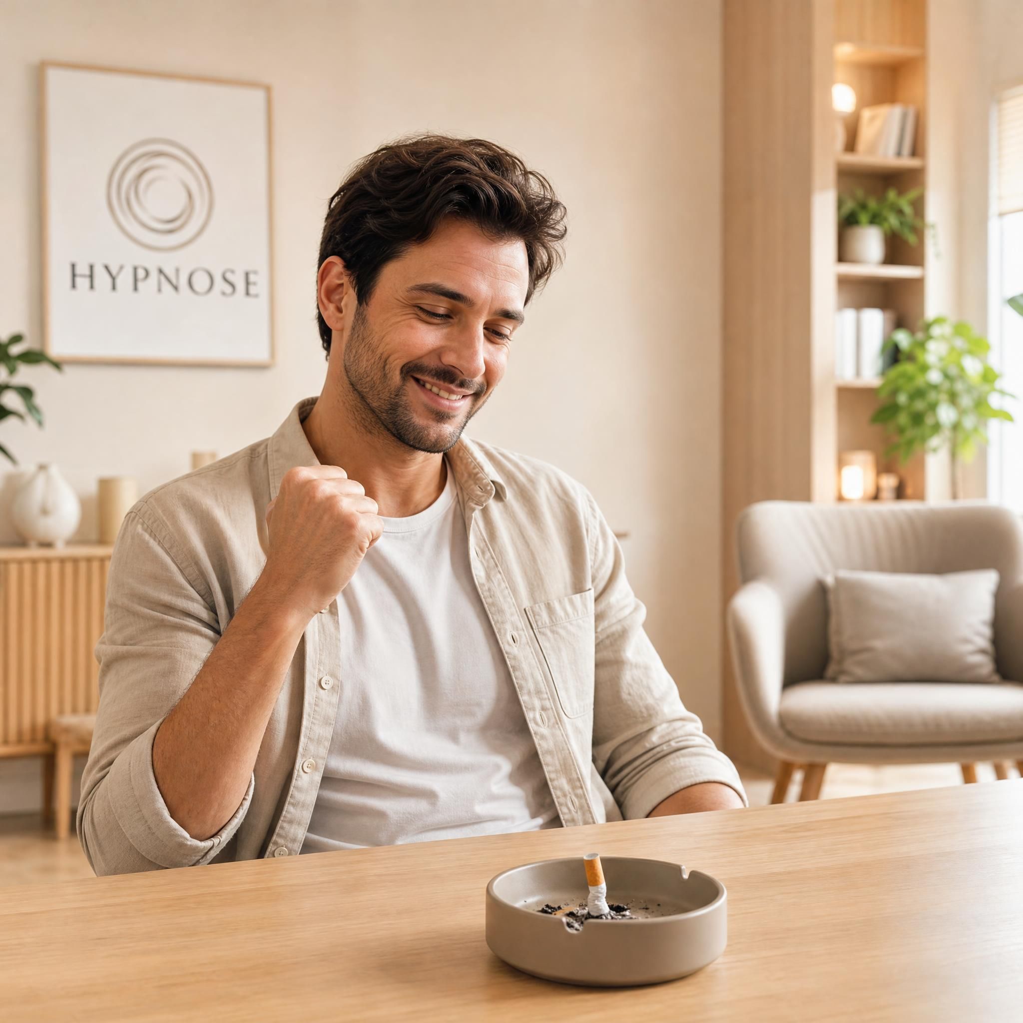 Un homme souriant qui regarde une cigarette écrasée dans un cendrier, expression de liberté et de fierté, cabinet d'hypnose moderne aux tons beige et bois clair, lumière naturelle douce