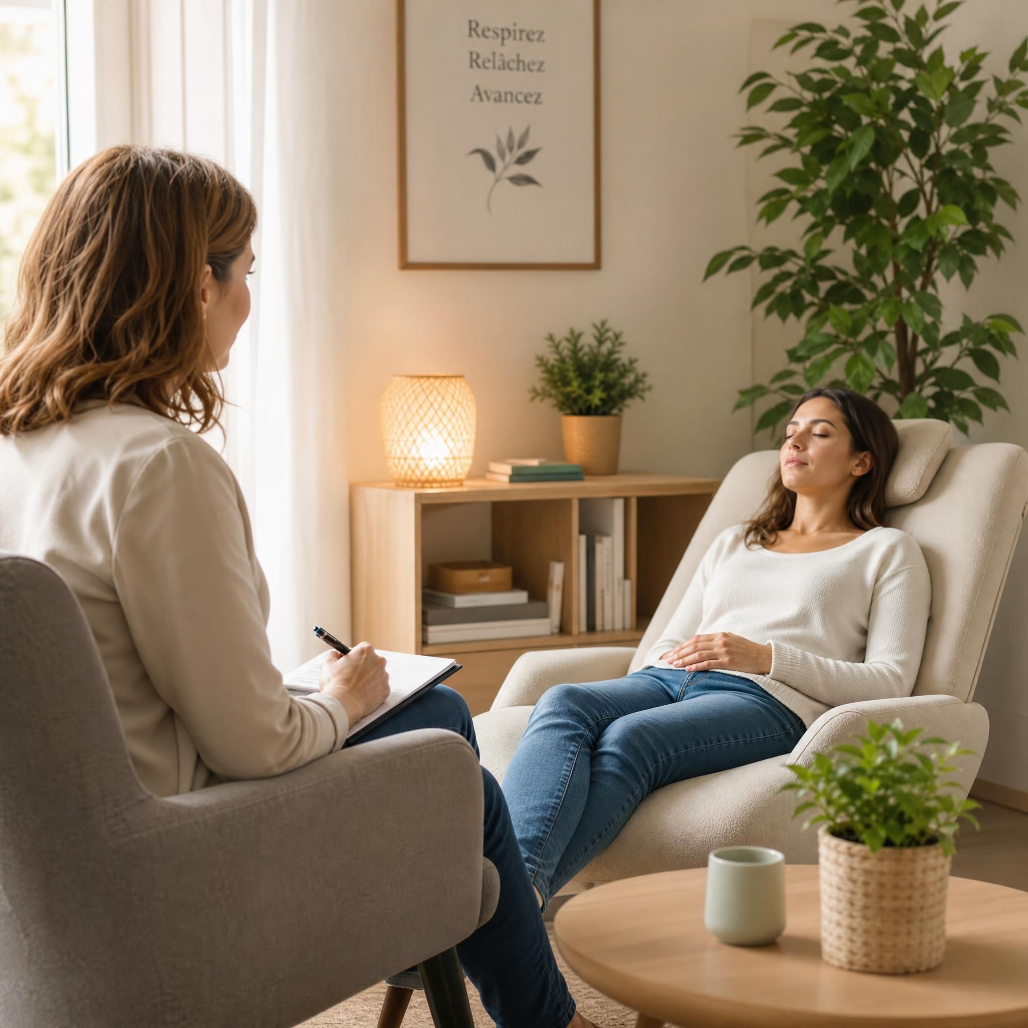 Hypnothérapeute et patient en séance, cabinet chaleureux aux tons doux, plantes vertes, lumière naturelle apaisante, échange bienveillant, plan moyen