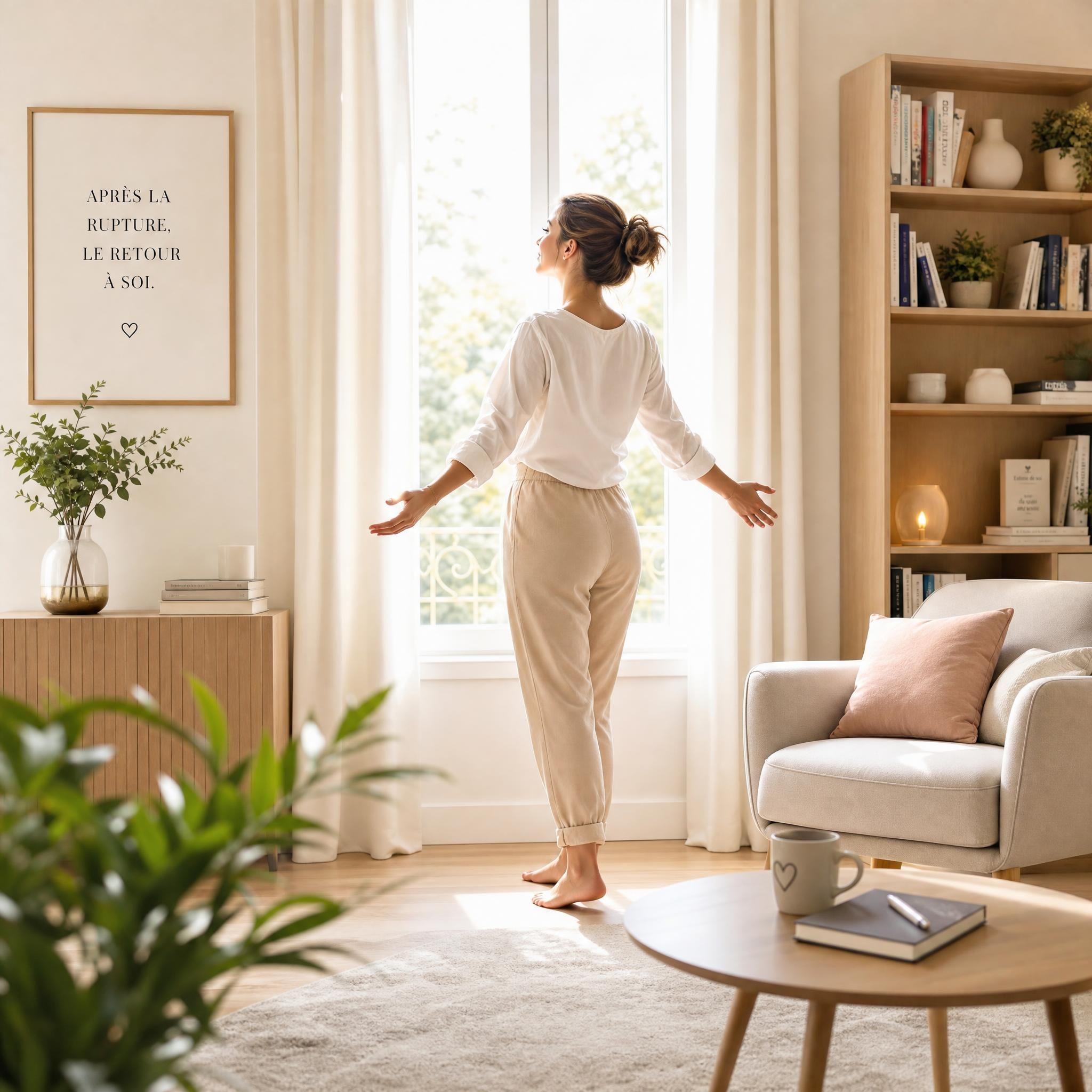 Femme debout face à une fenêtre lumineuse, posture ouverte, expression de paix intérieure retrouvée après une rupture amoureuse — plan large, cabinet lumineux aux tons beige et bois clair