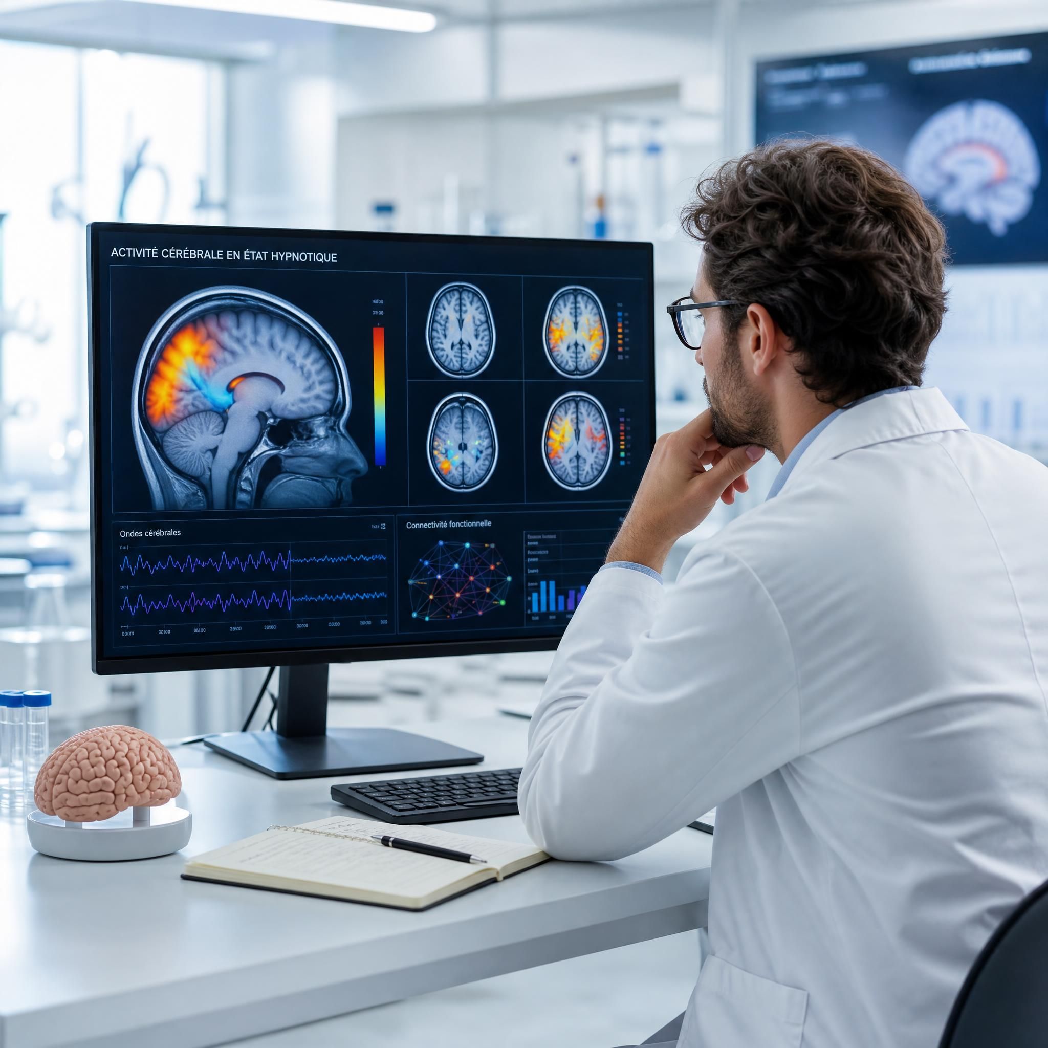 Chercheur en neurosciences devant un écran d'IRM cérébrale montrant l'activité du cerveau en état hypnotique, ambiance laboratoire moderne et lumineux, plan moyen