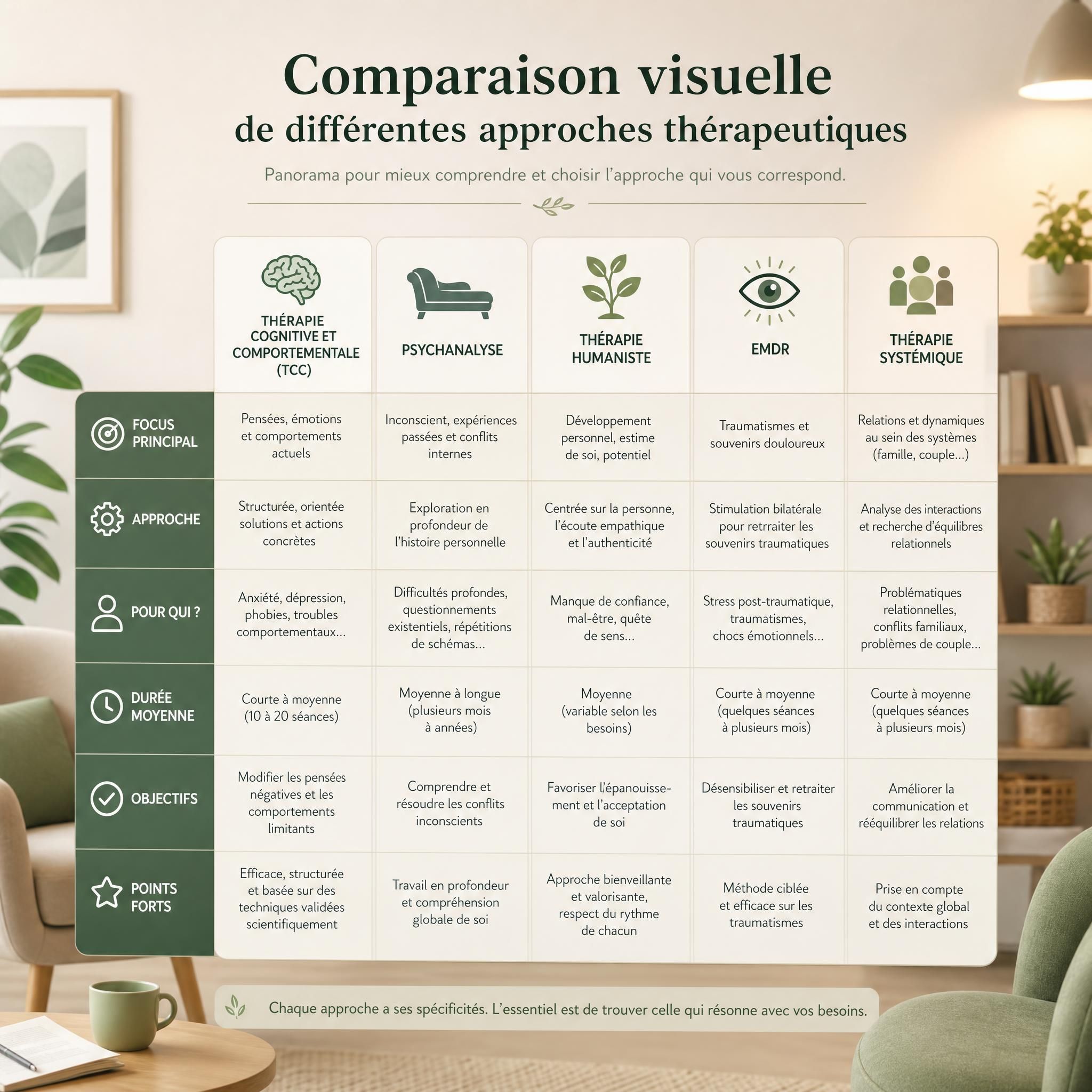 Comparaison visuelle de différentes approches thérapeutiques — tableau illustré dans un cabinet de thérapie moderne, tons beige et vert doux, ambiance apaisante et professionnelle