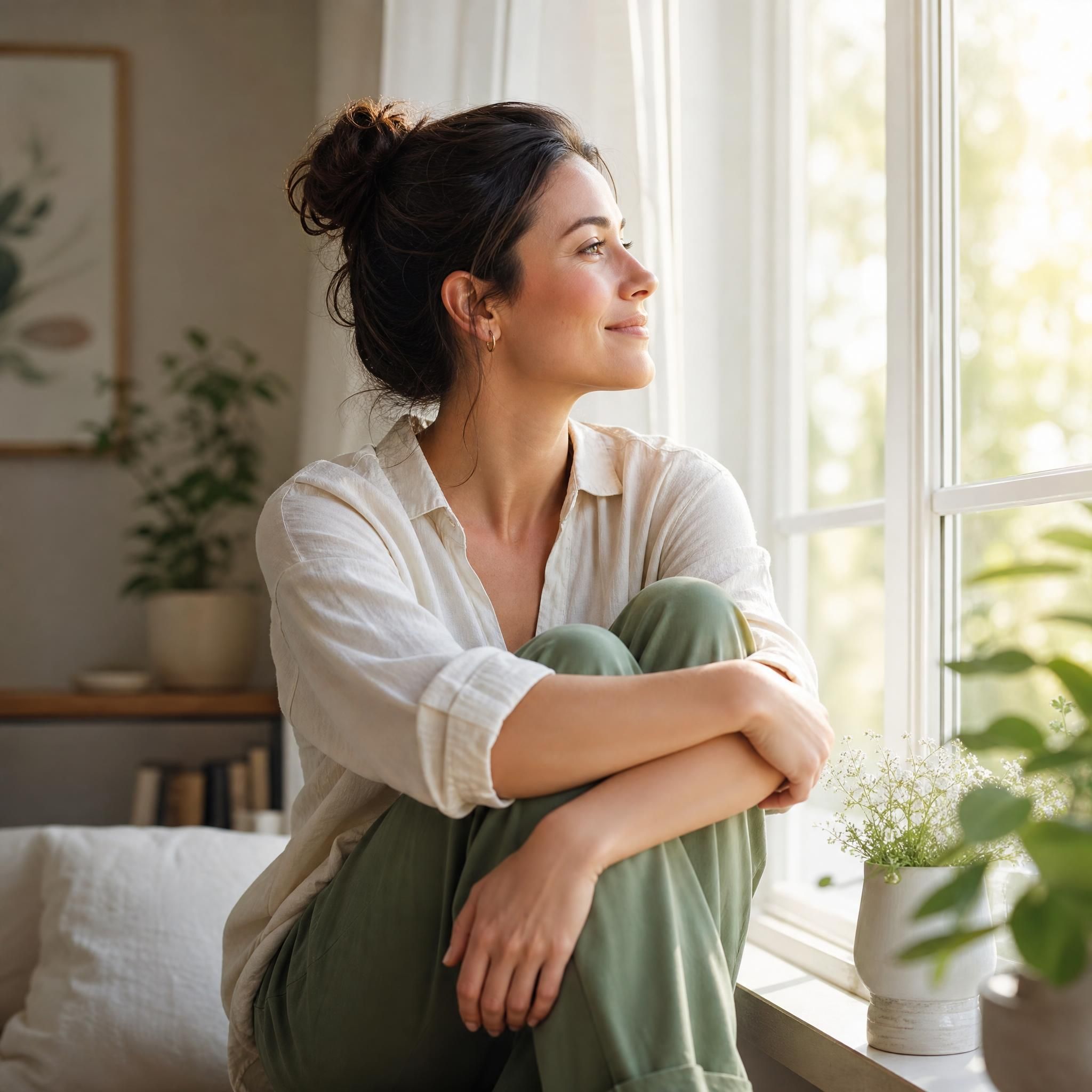 Femme apaisée regardant par la fenêtre, lumière naturelle douce symbolisant la libération émotionnelle