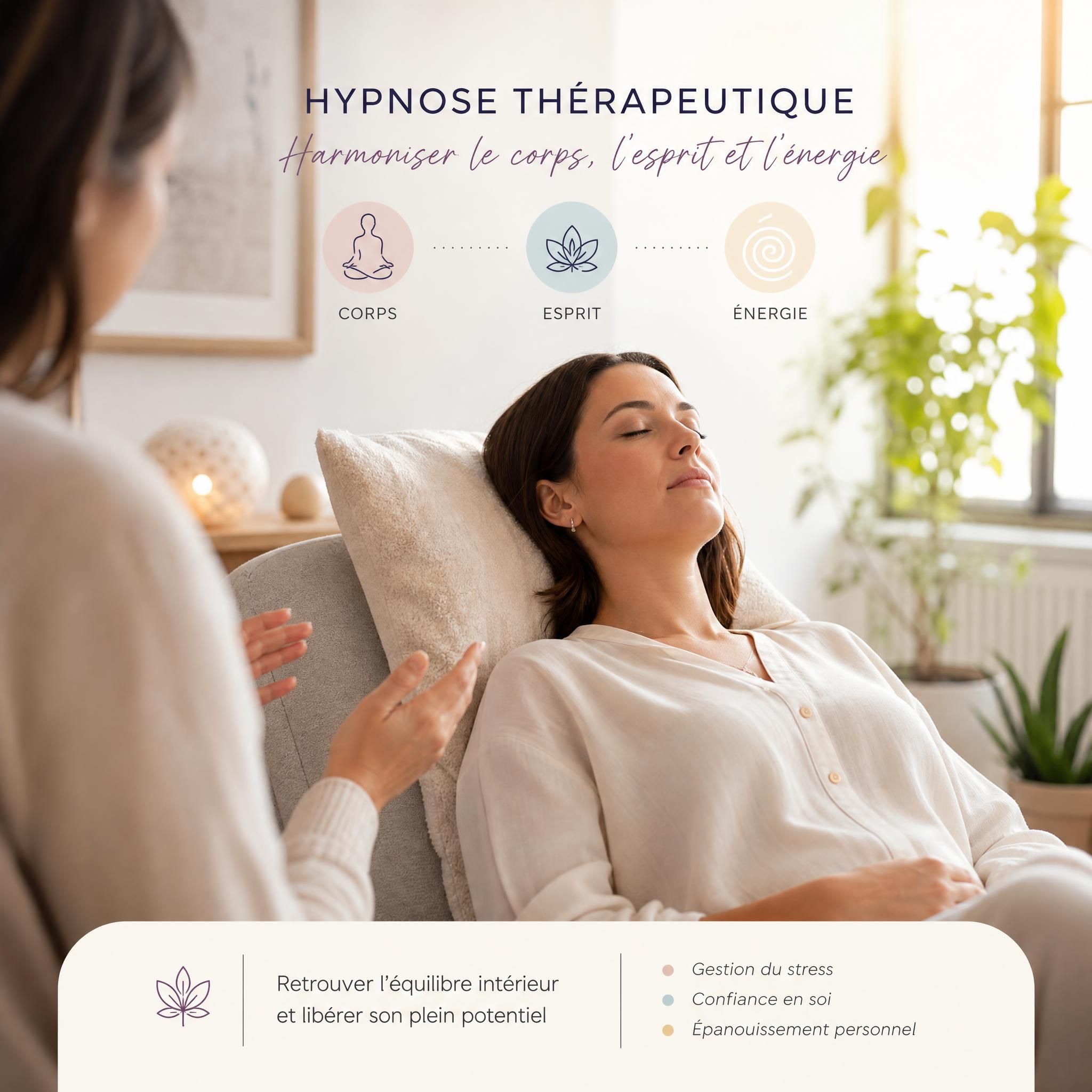 Femme sereine en séance d'hypnose thérapeutique, ambiance douce et lumineuse, approche corps-esprit-énergie