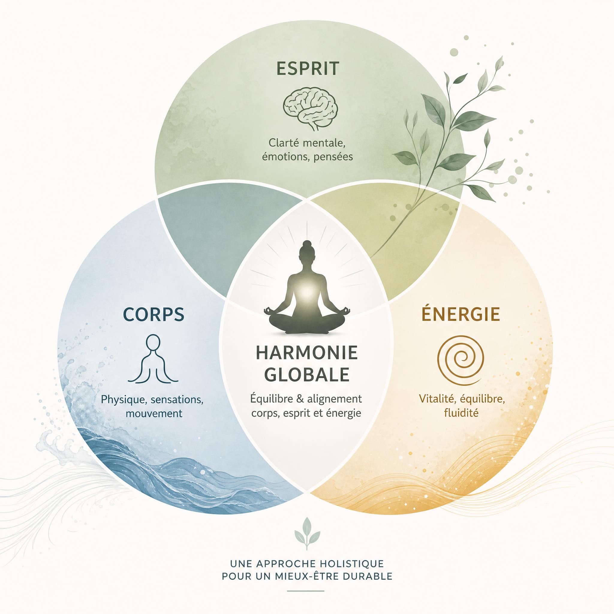 Représentation symbolique de l'approche holistique corps-esprit-énergie, cercles entrelacés, couleurs douces et apaisantes