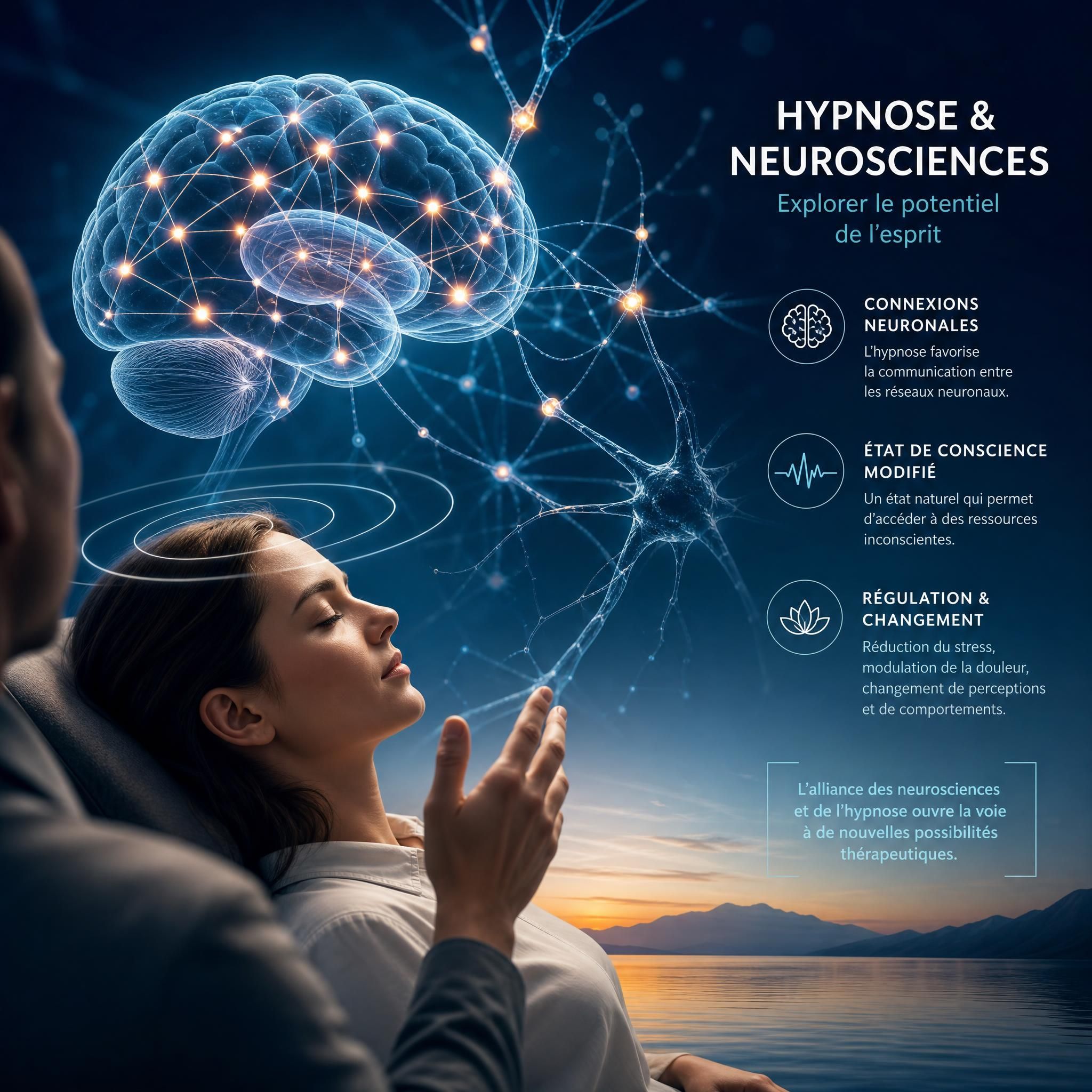 Illustration neurosciences et hypnose thérapeutique, connexions neuronales et état de conscience modifié