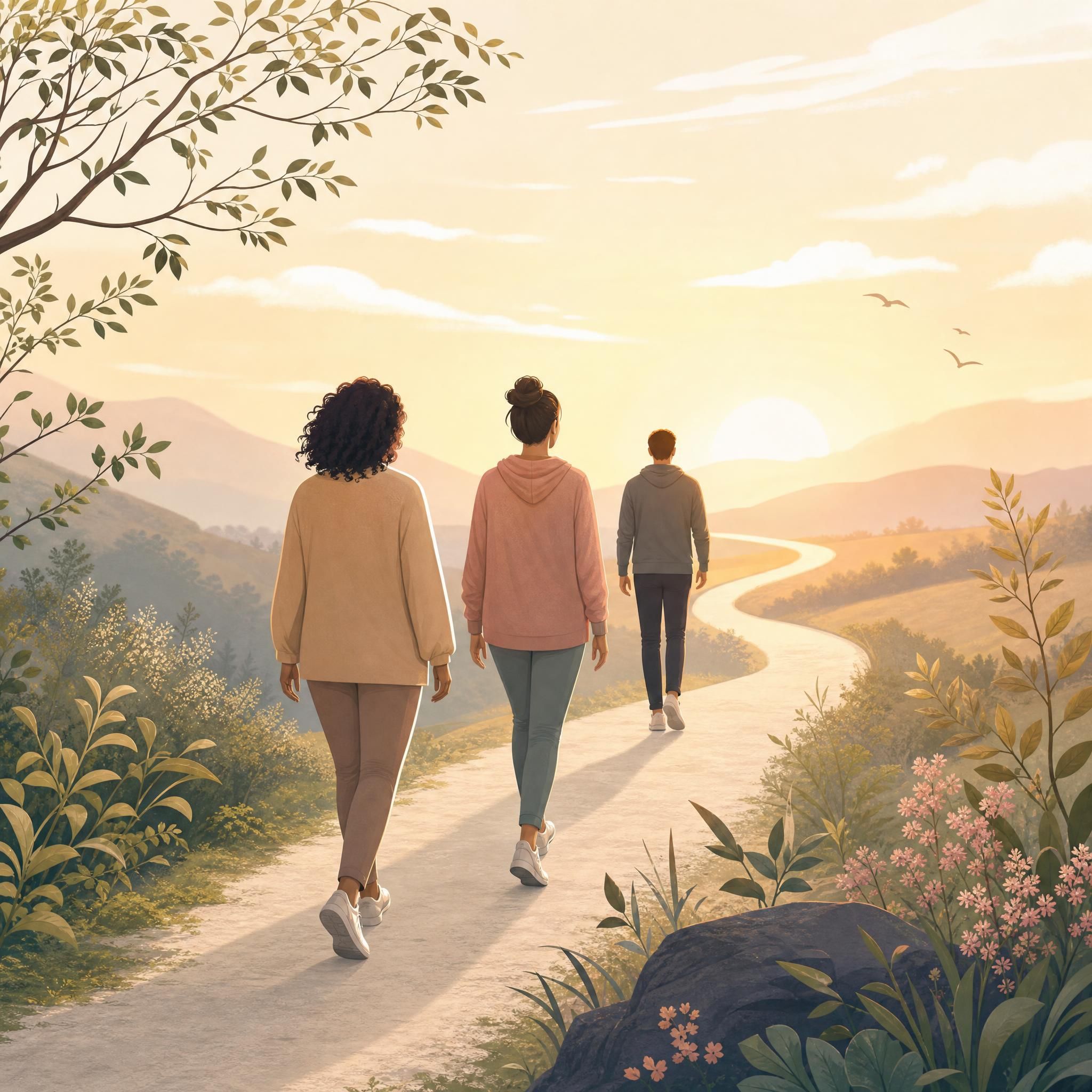 Illustration douce de trois silhouettes représentant des personnes en chemin vers la guérison émotionnelle, ambiance chaleureuse et bienveillante