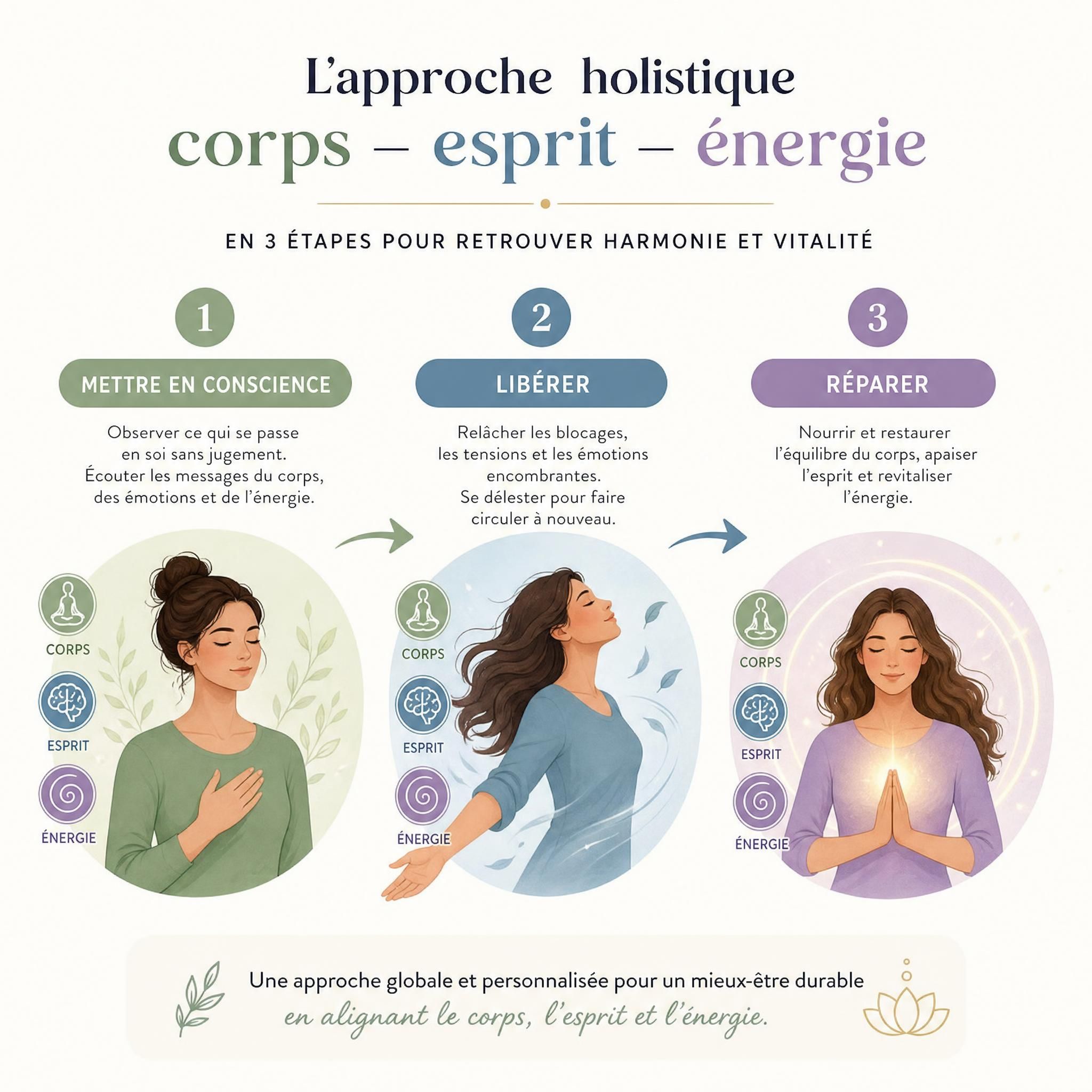 Schéma illustré de l'approche holistique corps-esprit-énergie en trois étapes : mettre en conscience, libérer, réparer