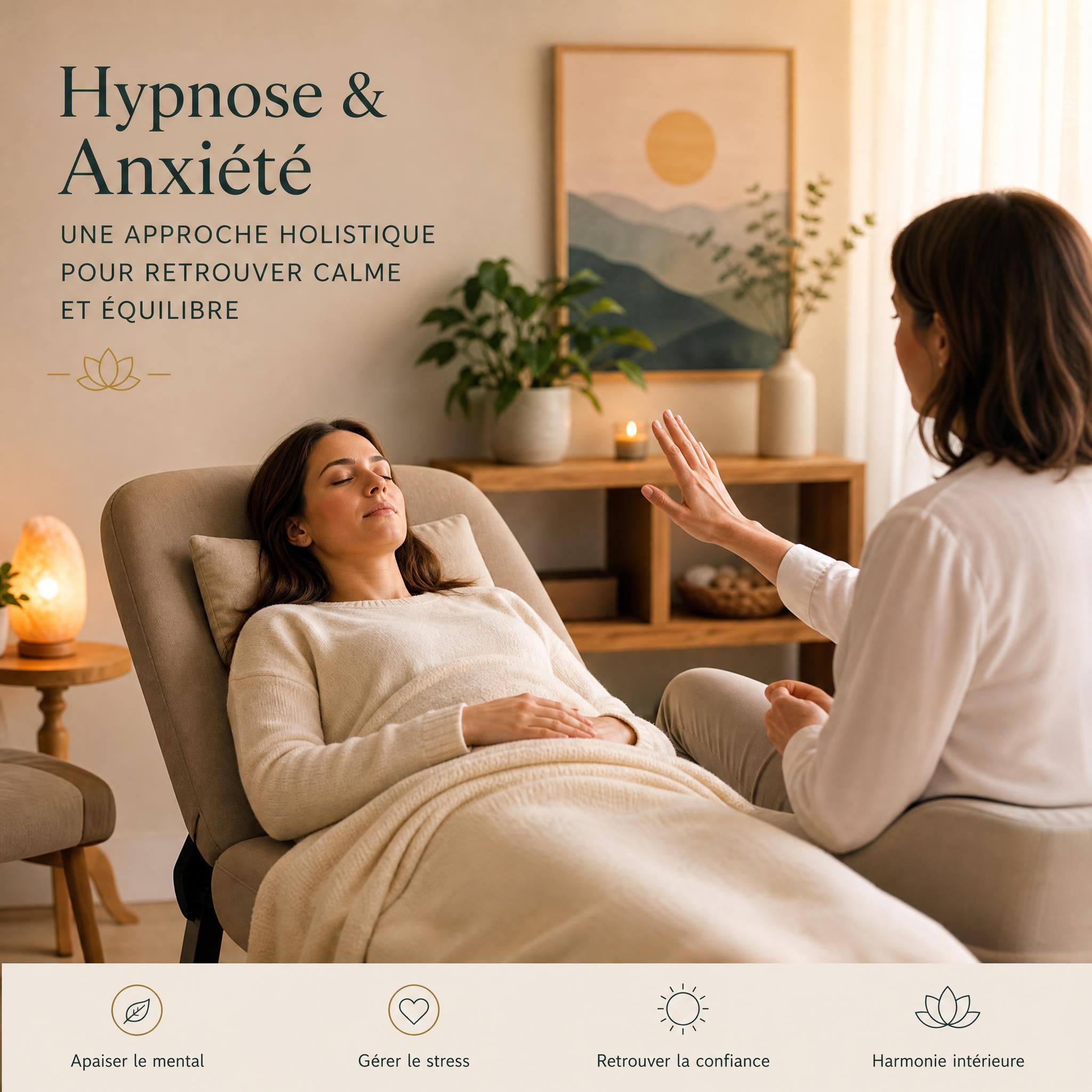 Femme en séance d'hypnose thérapeutique, allongée dans un espace apaisant, lumière douce et chaleureuse – hypnose anxiété approche holistique