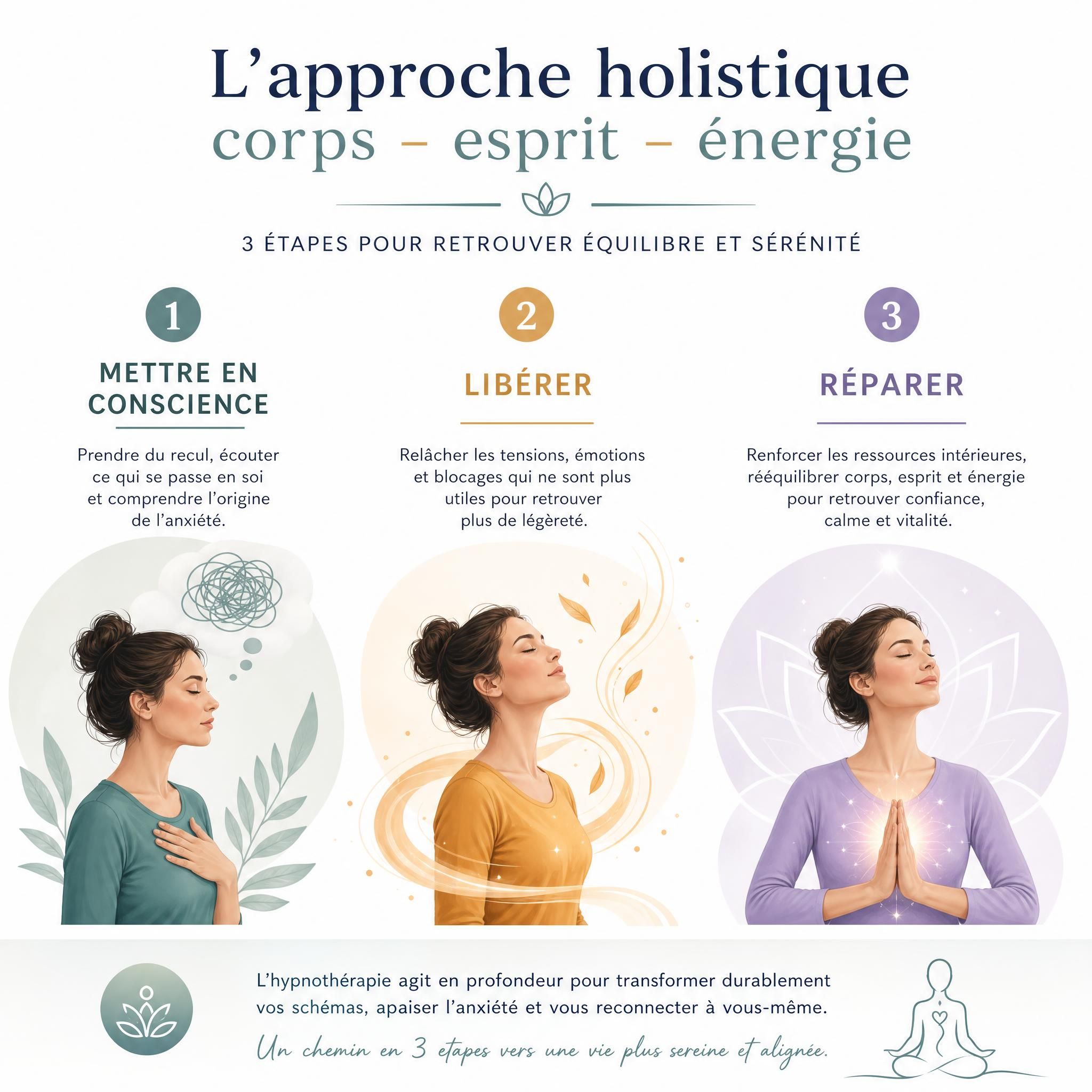 Schéma visuel des 3 étapes de l'approche holistique corps-esprit-énergie – mettre en conscience, libérer, réparer – hypnothérapie anxiété