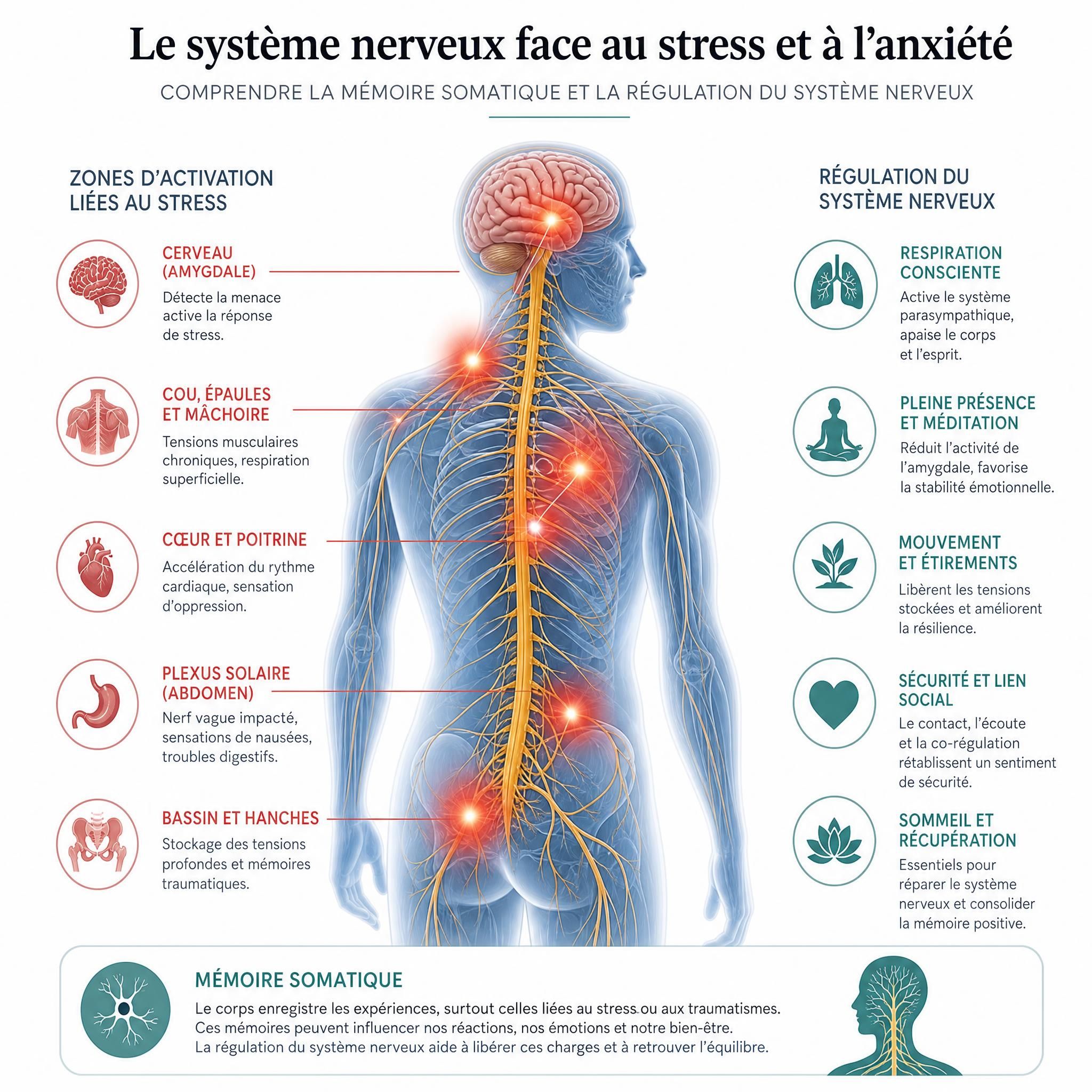 Illustration du système nerveux humain avec zones d'activation liées au stress et à l'anxiété – mémoire somatique et régulation système nerveux