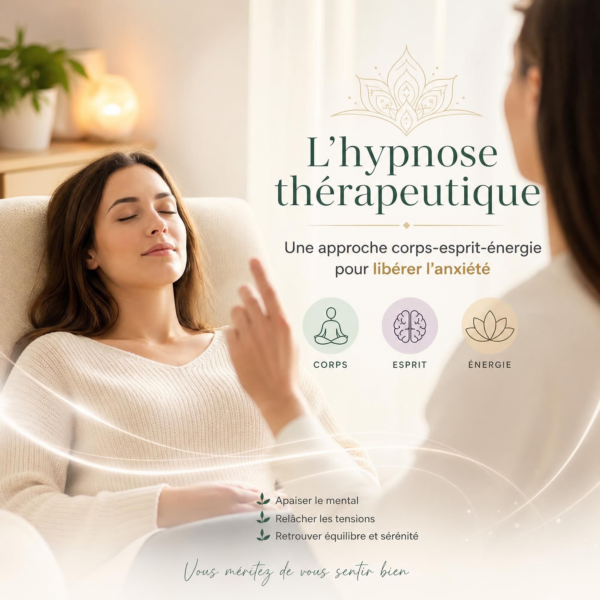 Femme sereine en séance d'hypnose thérapeutique, lumière douce, approche corps-esprit-énergie pour libérer l'anxiété