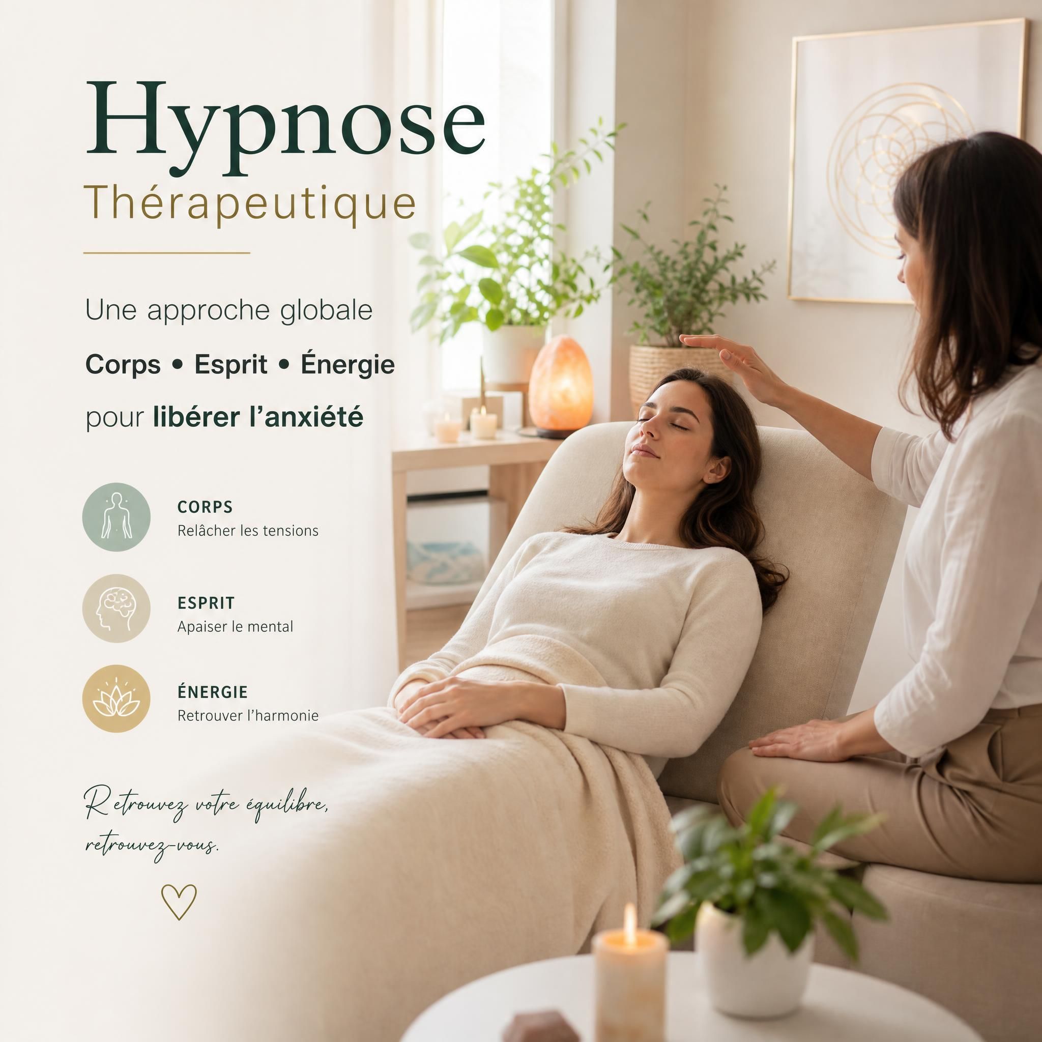 femme sereine en séance d'hypnose thérapeutique, lumière douce, approche corps-esprit-énergie pour libérer l'anxiété