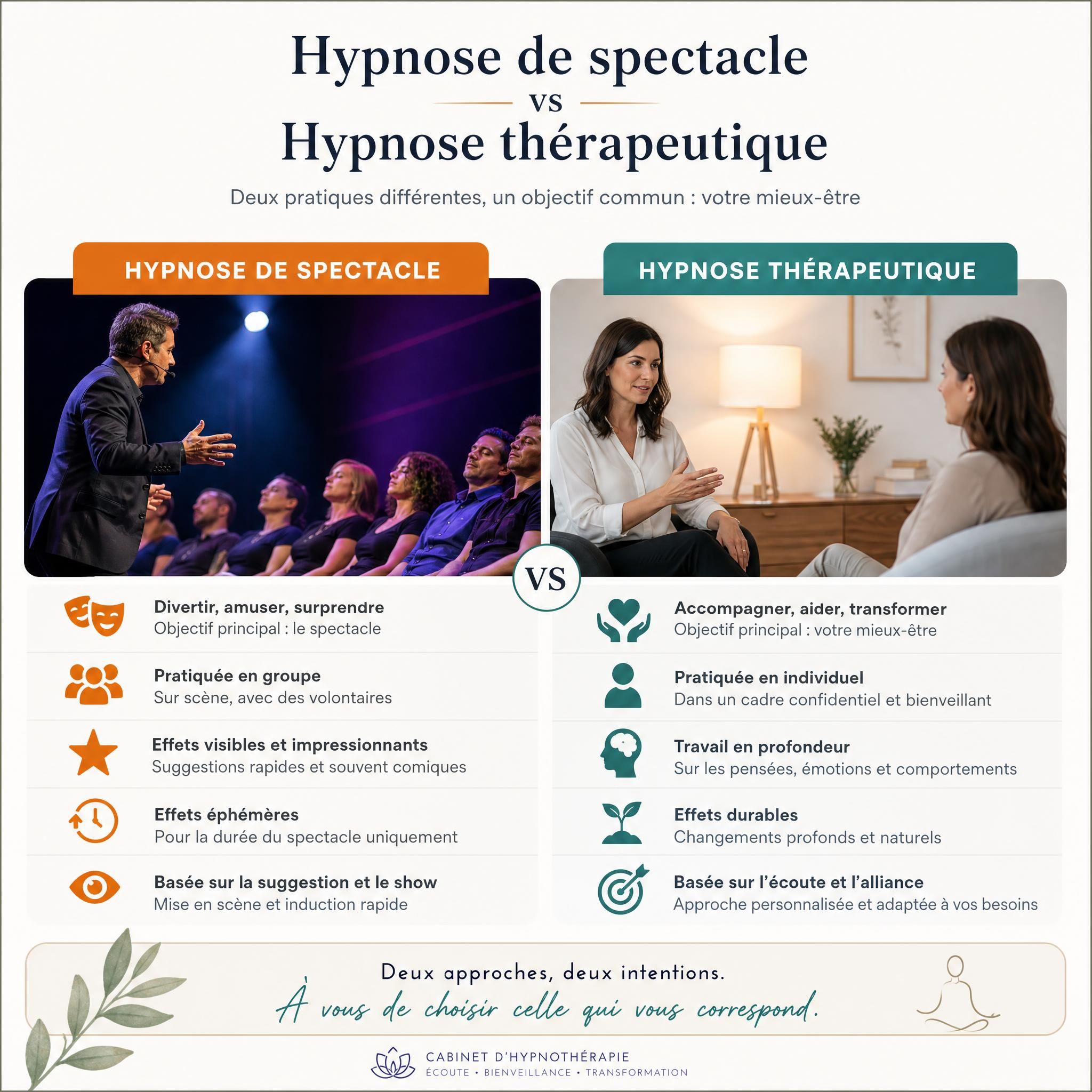 Comparaison visuelle hypnose de spectacle versus hypnose thérapeutique – cabinet d'hypnothérapeute, ambiance professionnelle et bienveillante