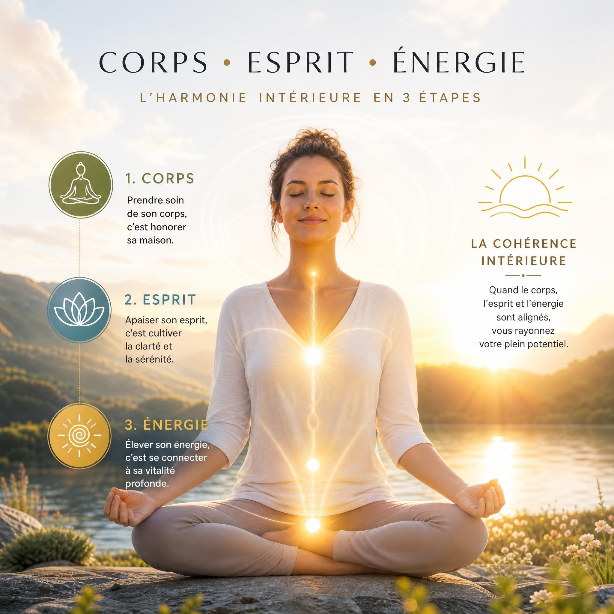 représentation symbolique des trois étapes corps-esprit-énergie, femme en harmonie intérieure, nature apaisante, lumière dorée symbolisant la cohérence intérieure retrouvée