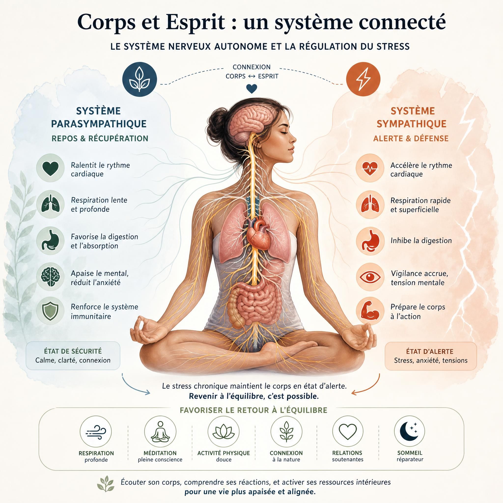 illustration du système nerveux autonome et connexion corps-esprit, représentation visuelle de la régulation du stress et de l'anxiété somatique