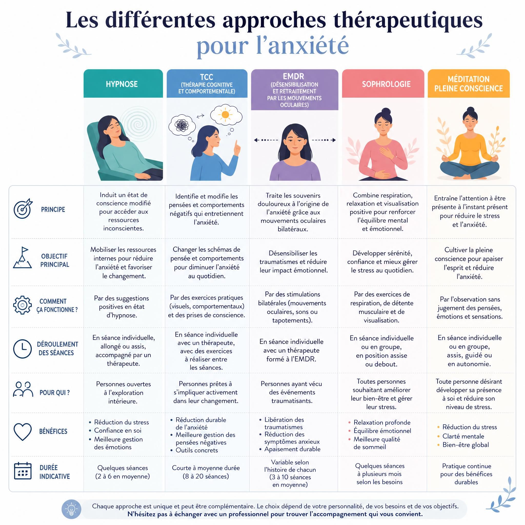 Tableau comparatif illustré des différentes approches thérapeutiques pour l'anxiété : hypnose, TCC, EMDR, sophrologie, méditation