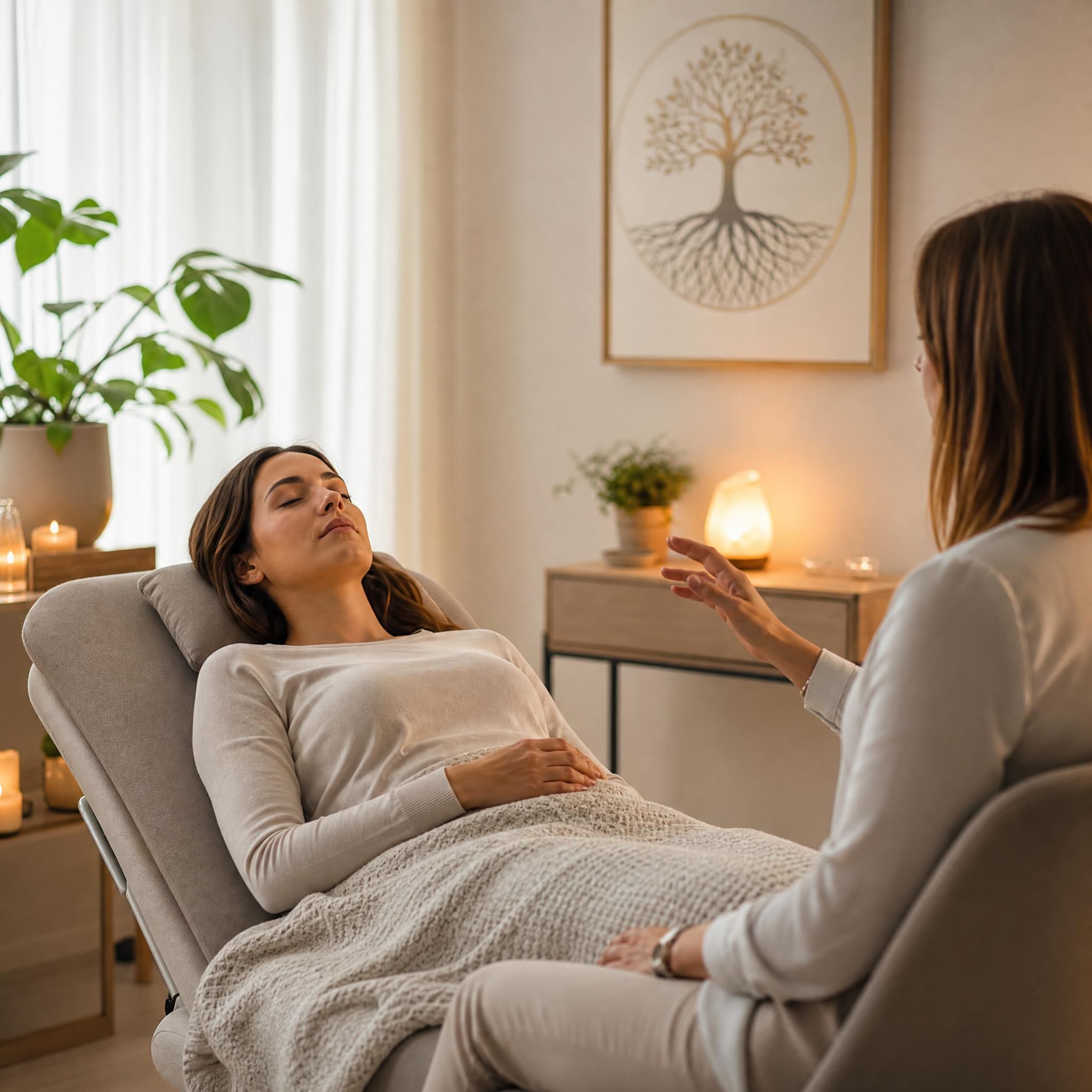 Femme en séance d'hypnose thérapeutique, allongée dans un espace calme et bienveillant, lumière douce, approche holistique corps-esprit