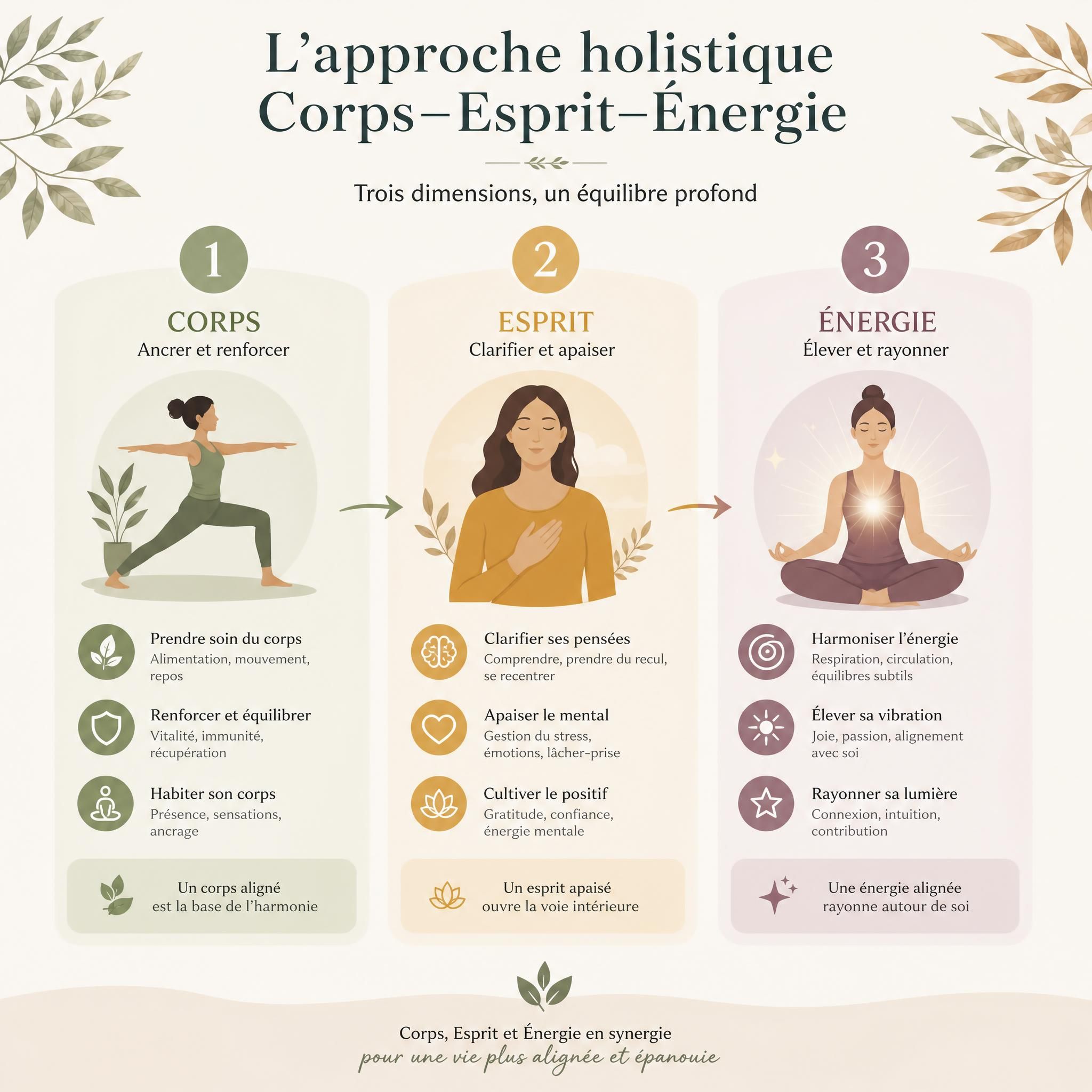 Schéma visuel de l'approche holistique Corps-Esprit-Énergie en trois étapes, style épuré et chaleureux, tons doux et naturels