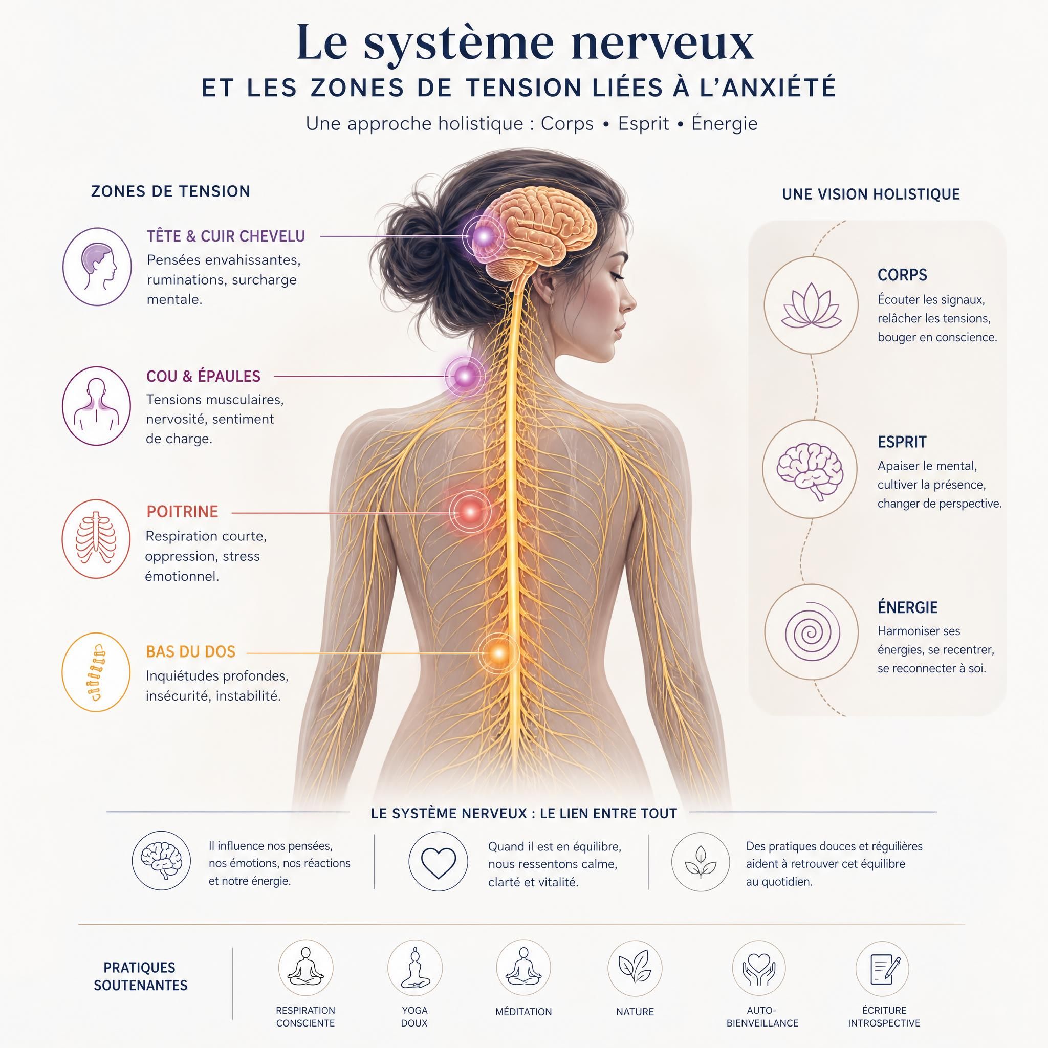 Illustration du système nerveux humain avec zones de tension liées à l'anxiété, représentation holistique corps-esprit-énergie