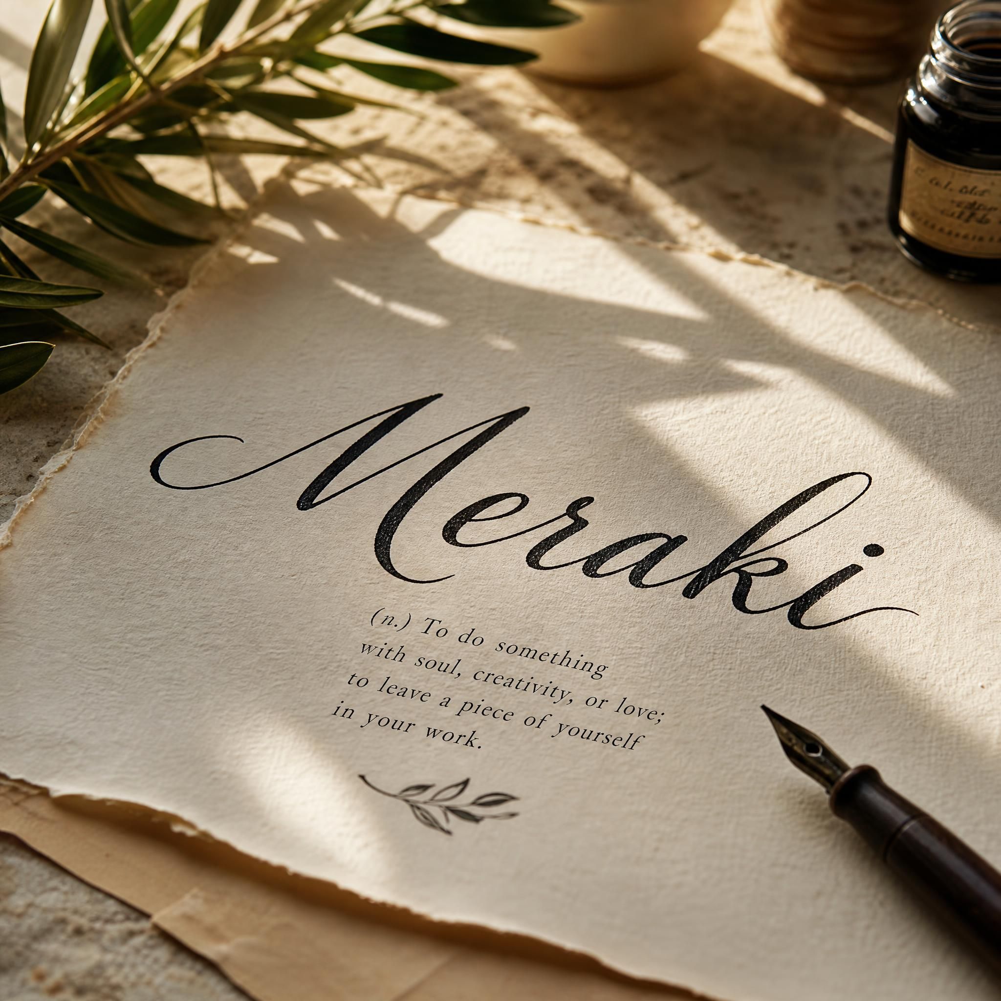 A calligraphed word on archival paper, bathed in warm Mediterranean afternoon light — ink, texture, and silence