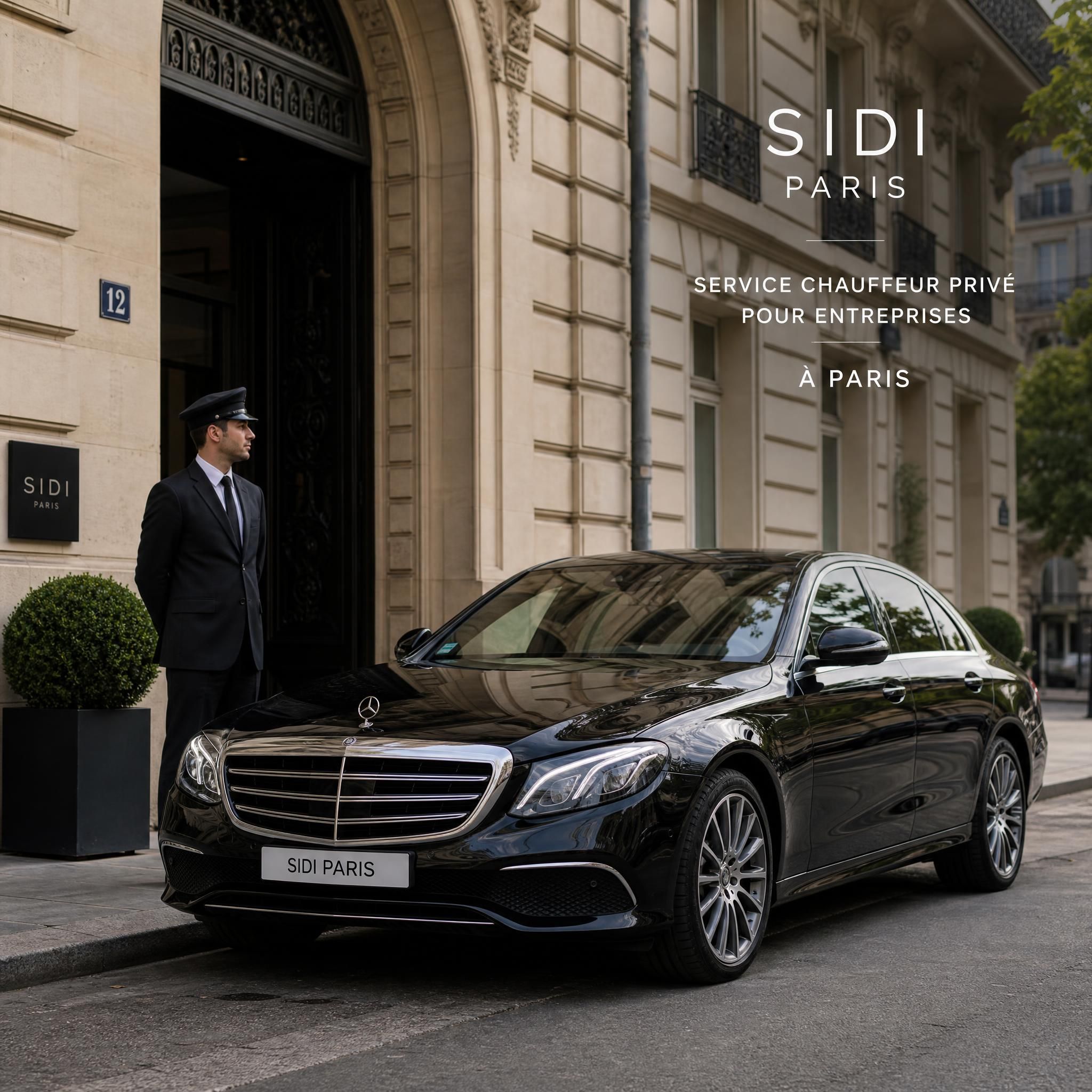 Berline Mercedes noire avec chauffeur en tenue sombre attendant devant un immeuble de bureaux parisien haussmannien — service chauffeur privé entreprise Paris SIDI Paris