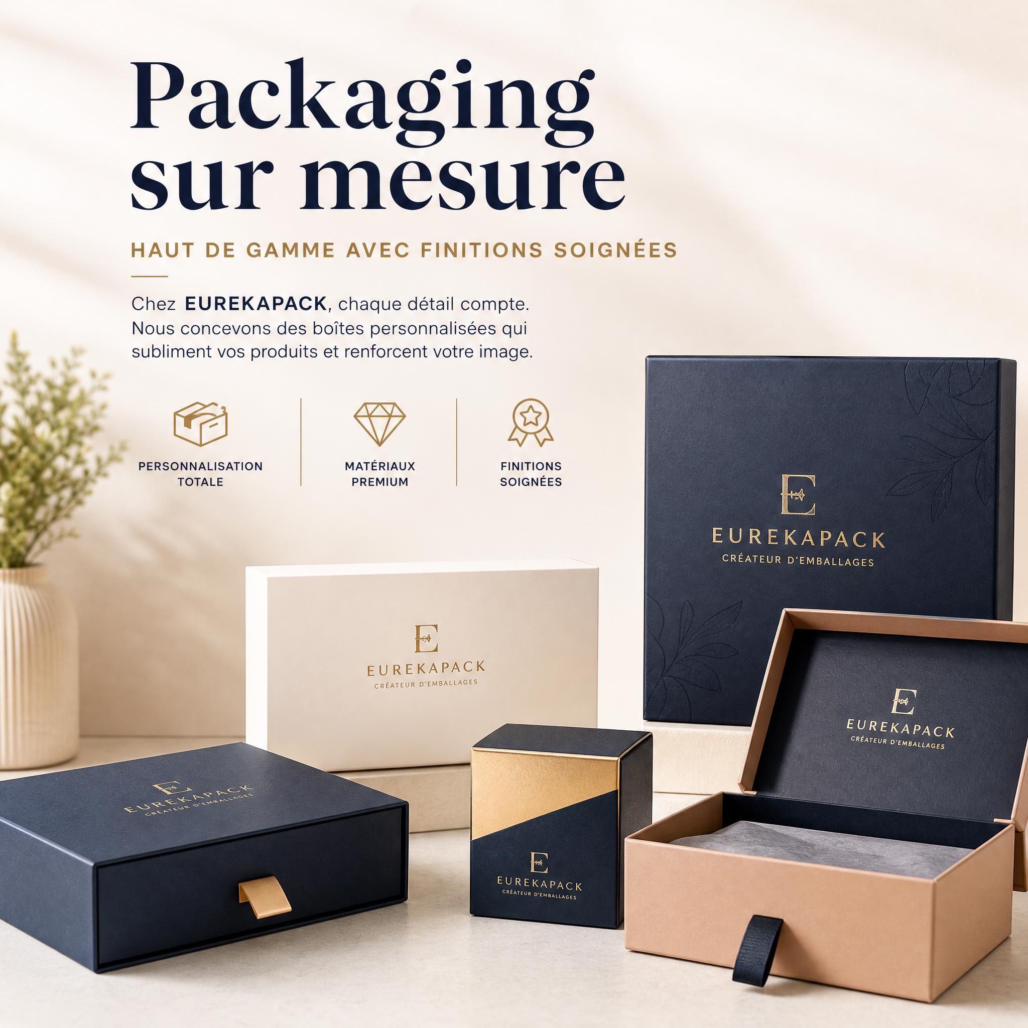 Packaging sur mesure haut de gamme avec finitions soignées — boîtes personnalisées EUREKAPACK