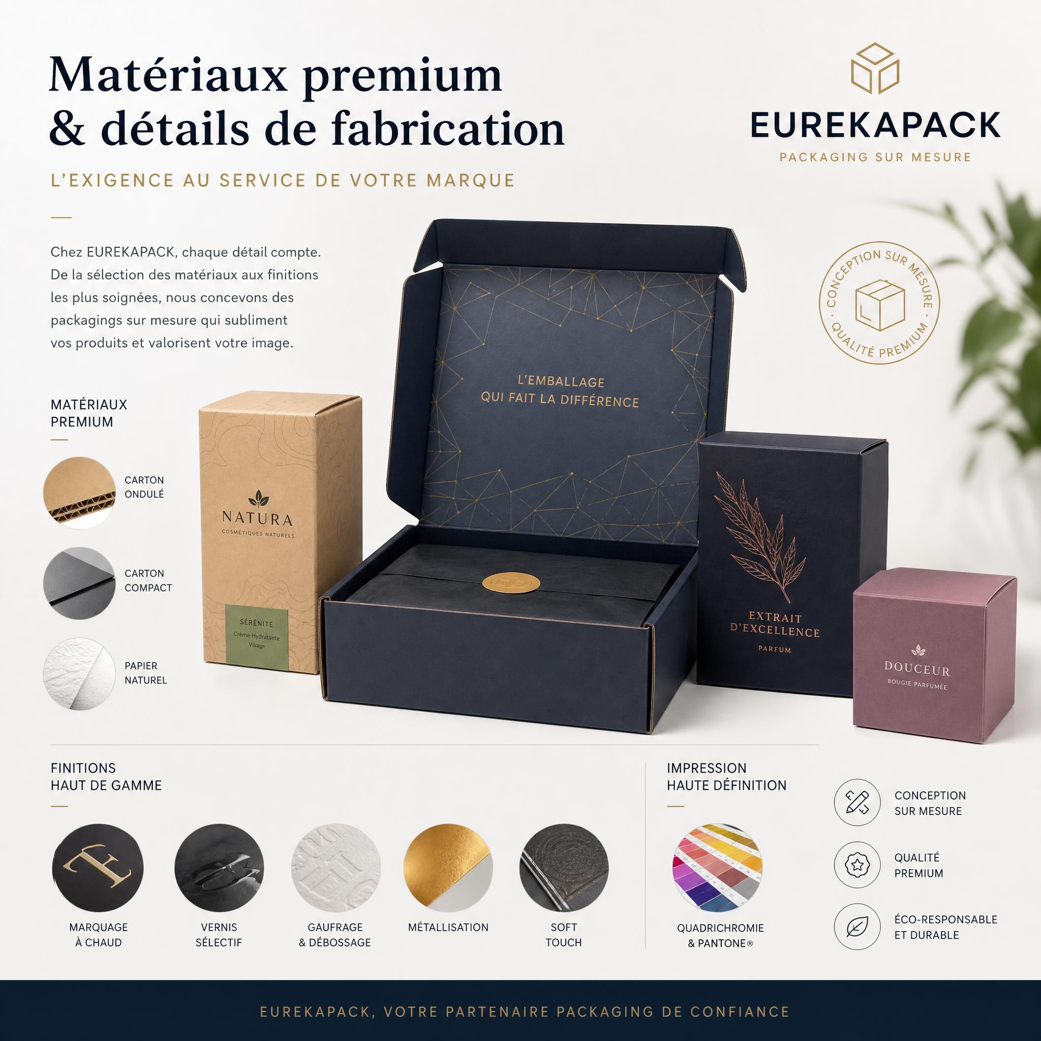 Matériaux premium et détails de fabrication packaging sur mesure EUREKAPACK — carton, finitions, impression