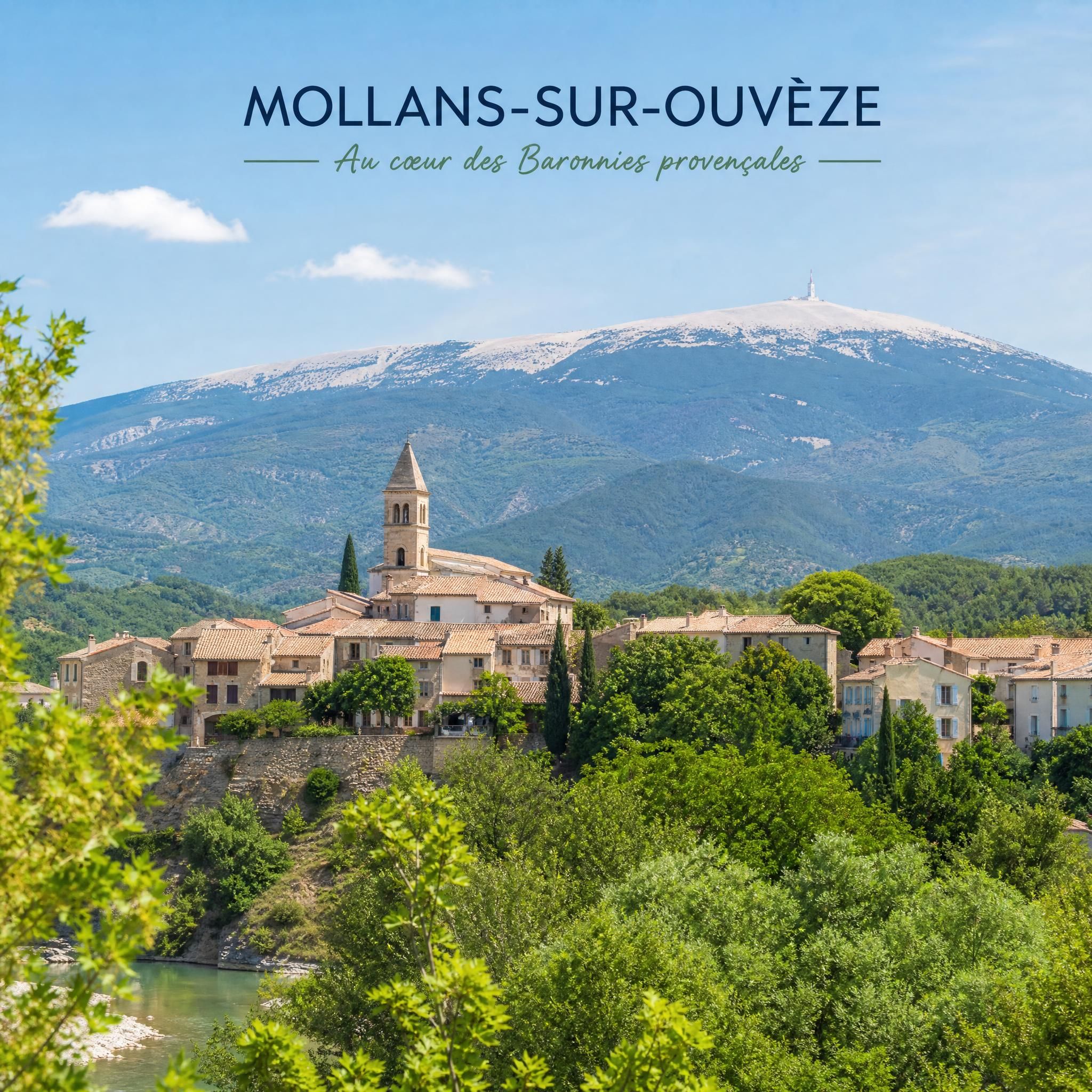 Paysage de Mollans-sur-Ouvèze dans les Baronnies provençales, village provençal entouré de nature verdoyante avec vue sur le Mont Ventoux
