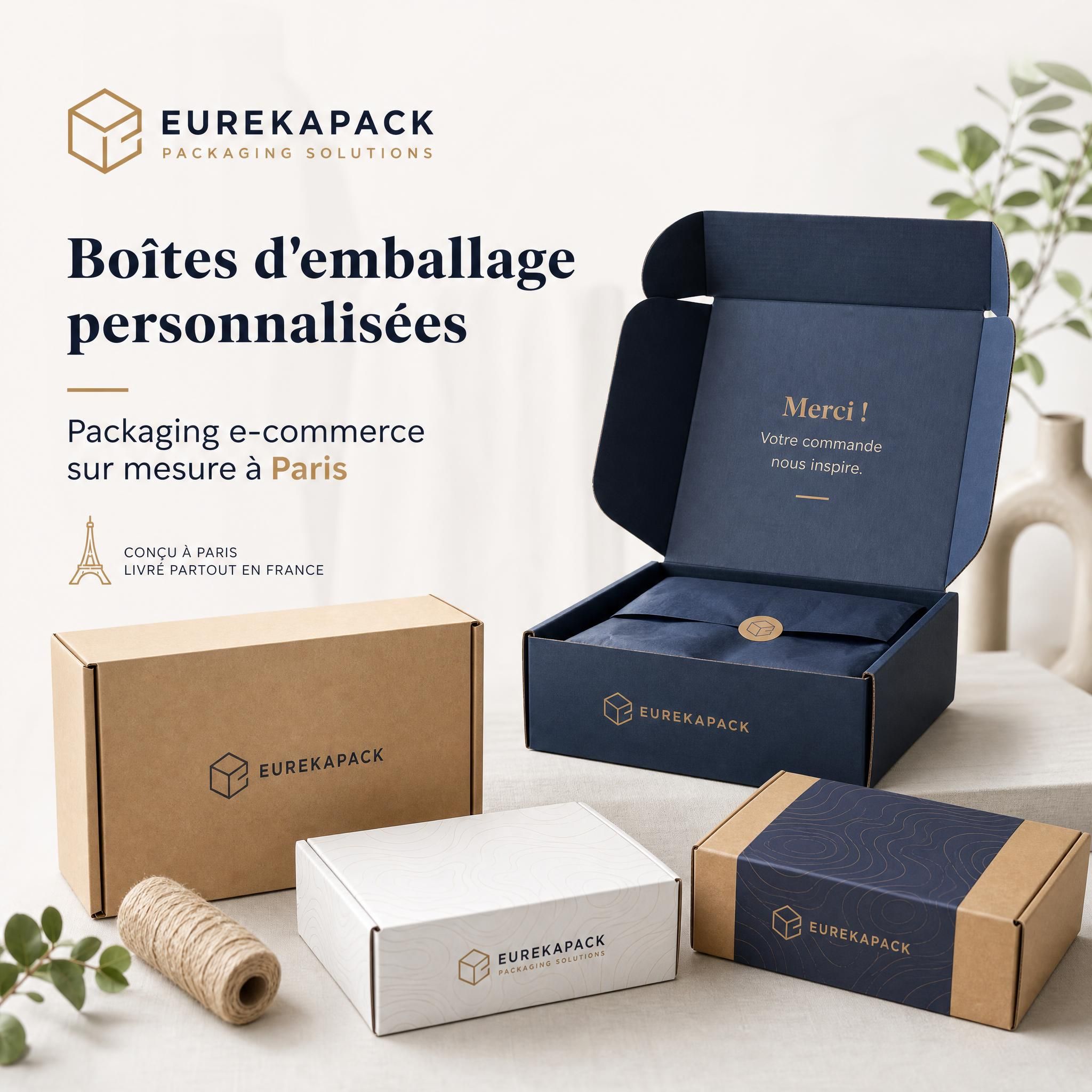 Boîtes d'emballage personnalisées EUREKAPACK avec logo de marque, packaging e-commerce sur mesure à Paris