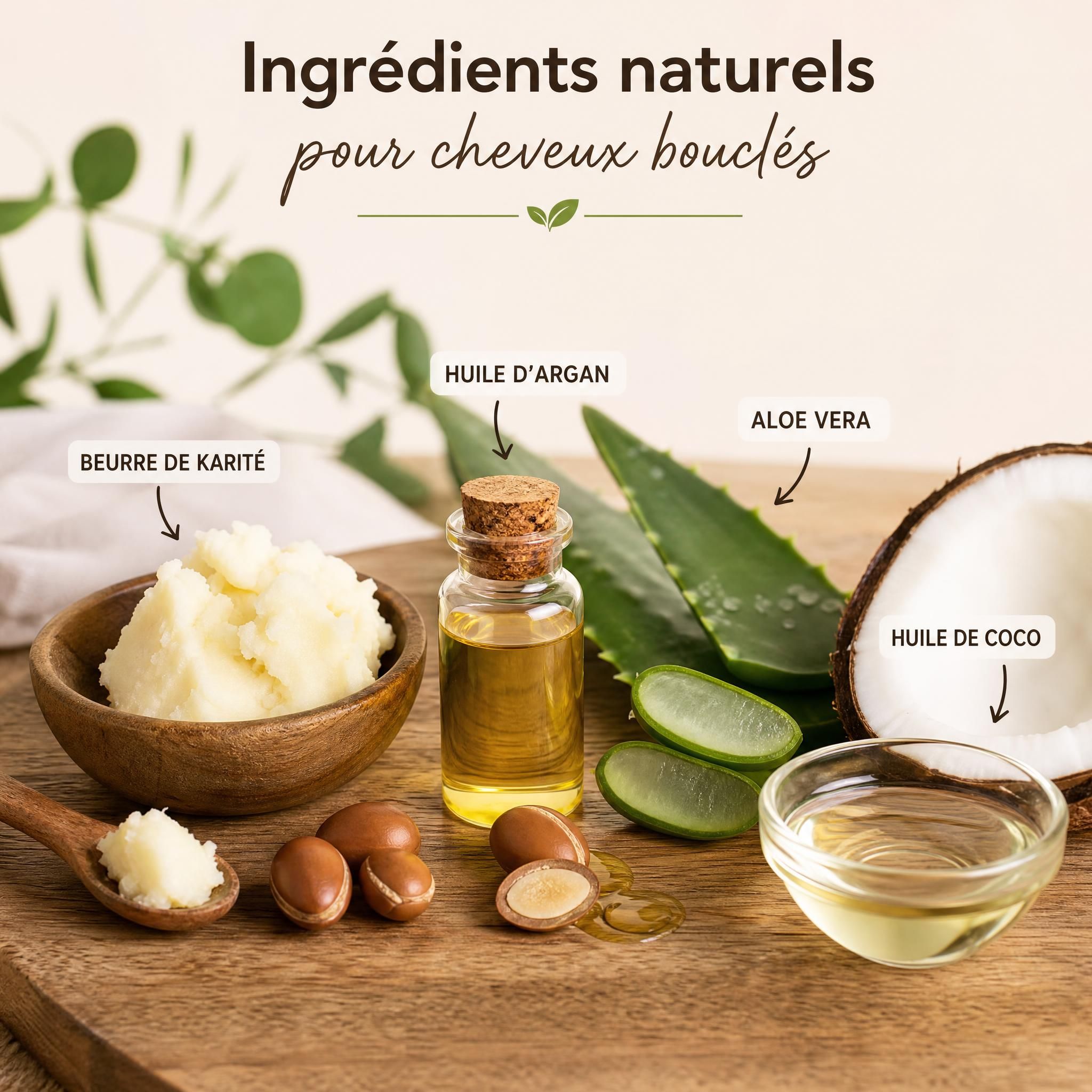 Ingrédients naturels pour cheveux bouclés : beurre de karité, huile d'argan, aloe vera et huile de coco disposés sur une surface en bois