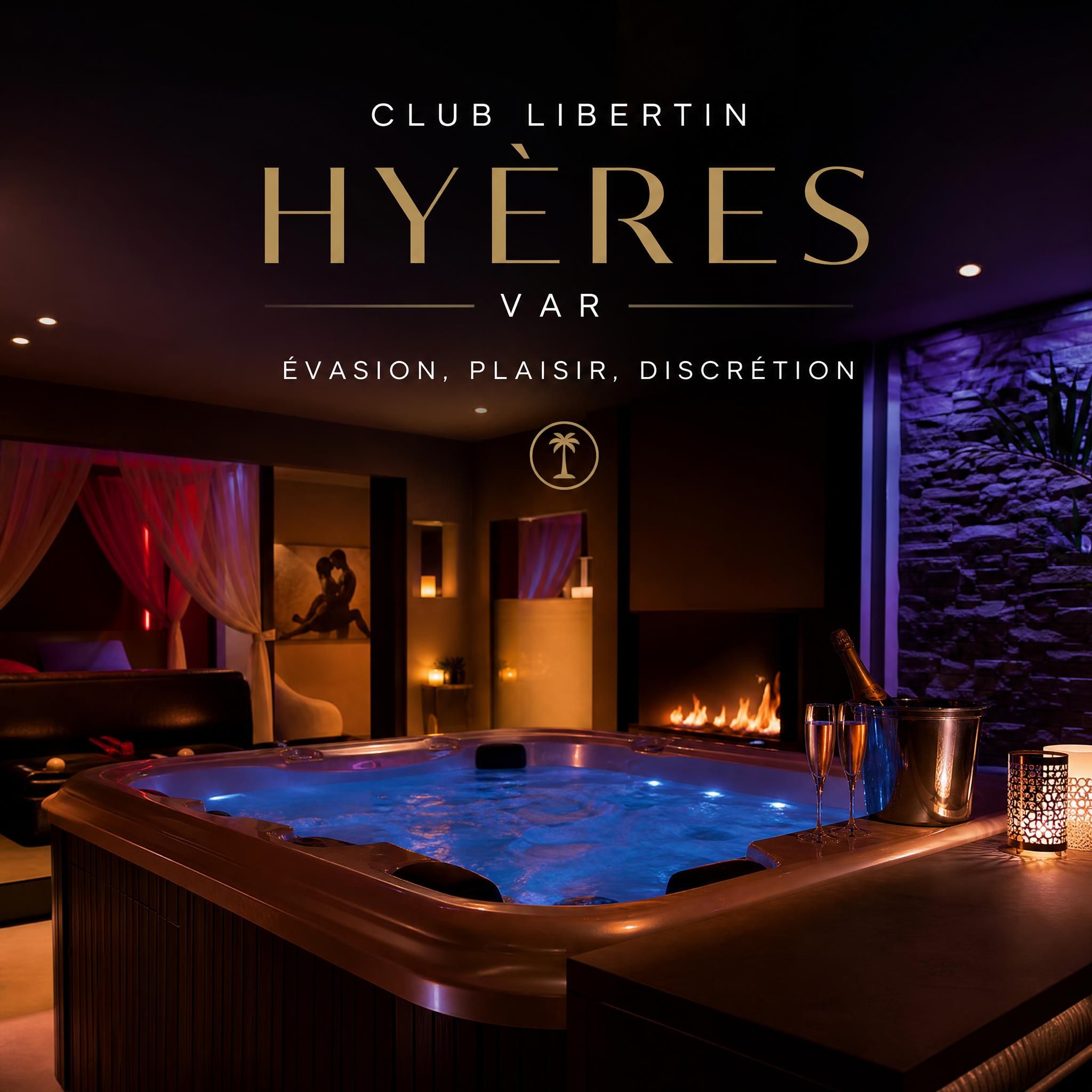 Ambiance feutrée et lumières tamisées d'un club libertin haut de gamme à Hyères dans le Var, espace balnéo luxueux avec jacuzzi
