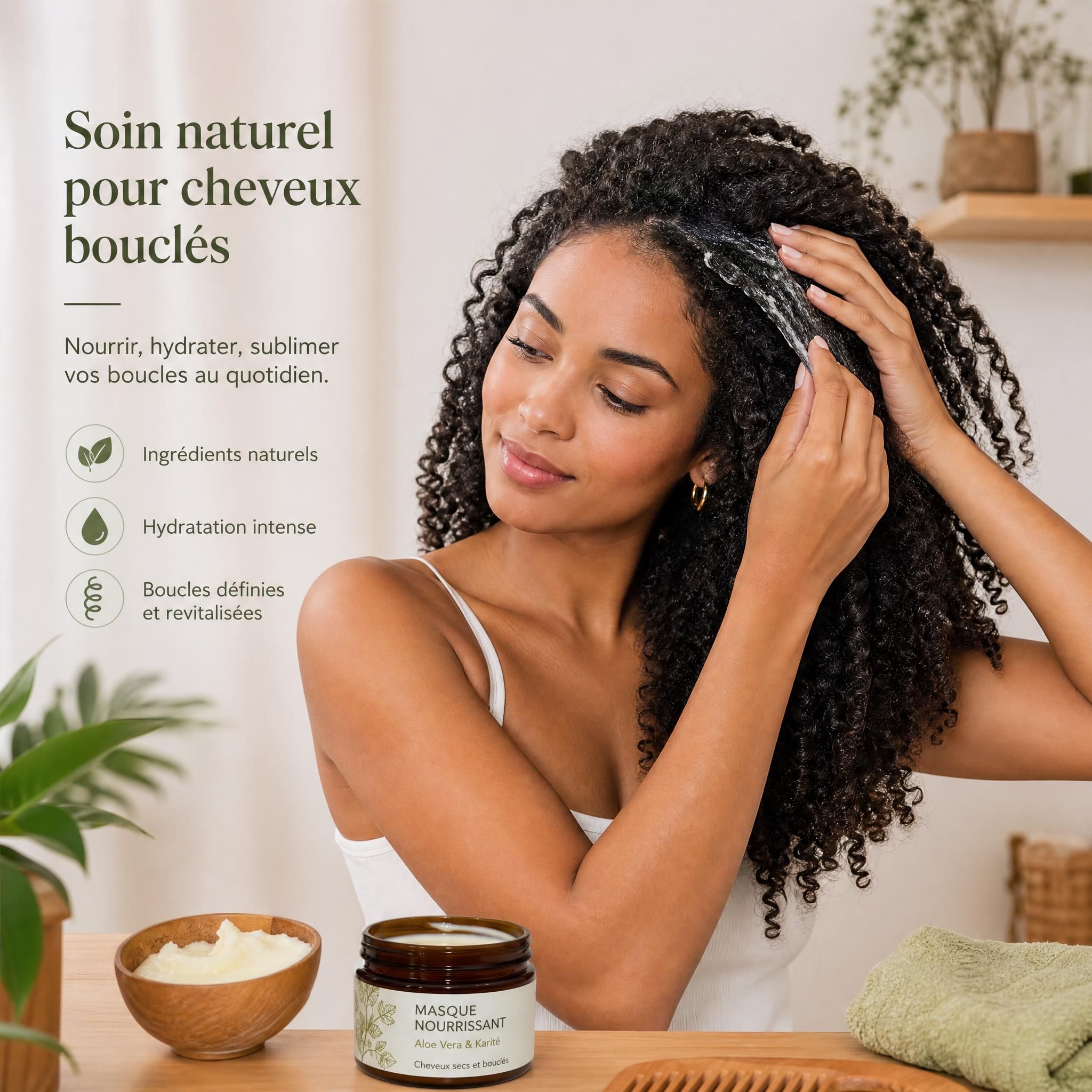 Femme aux cheveux bouclés naturels et hydratés appliquant un soin capillaire naturel sur sa chevelure texturée