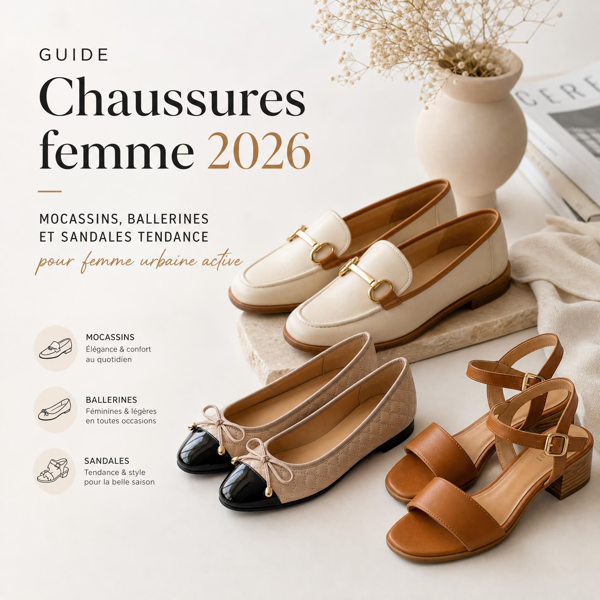 Guide chaussures femme 2026 — mocassins, ballerines et sandales tendance pour femme urbaine active, posés sur fond clair élégant