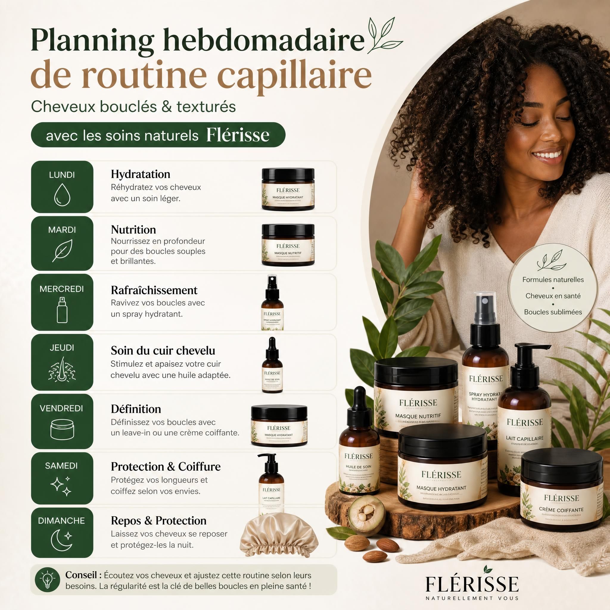 Planning hebdomadaire de routine capillaire pour cheveux bouclés et texturés avec produits naturels Flérisse