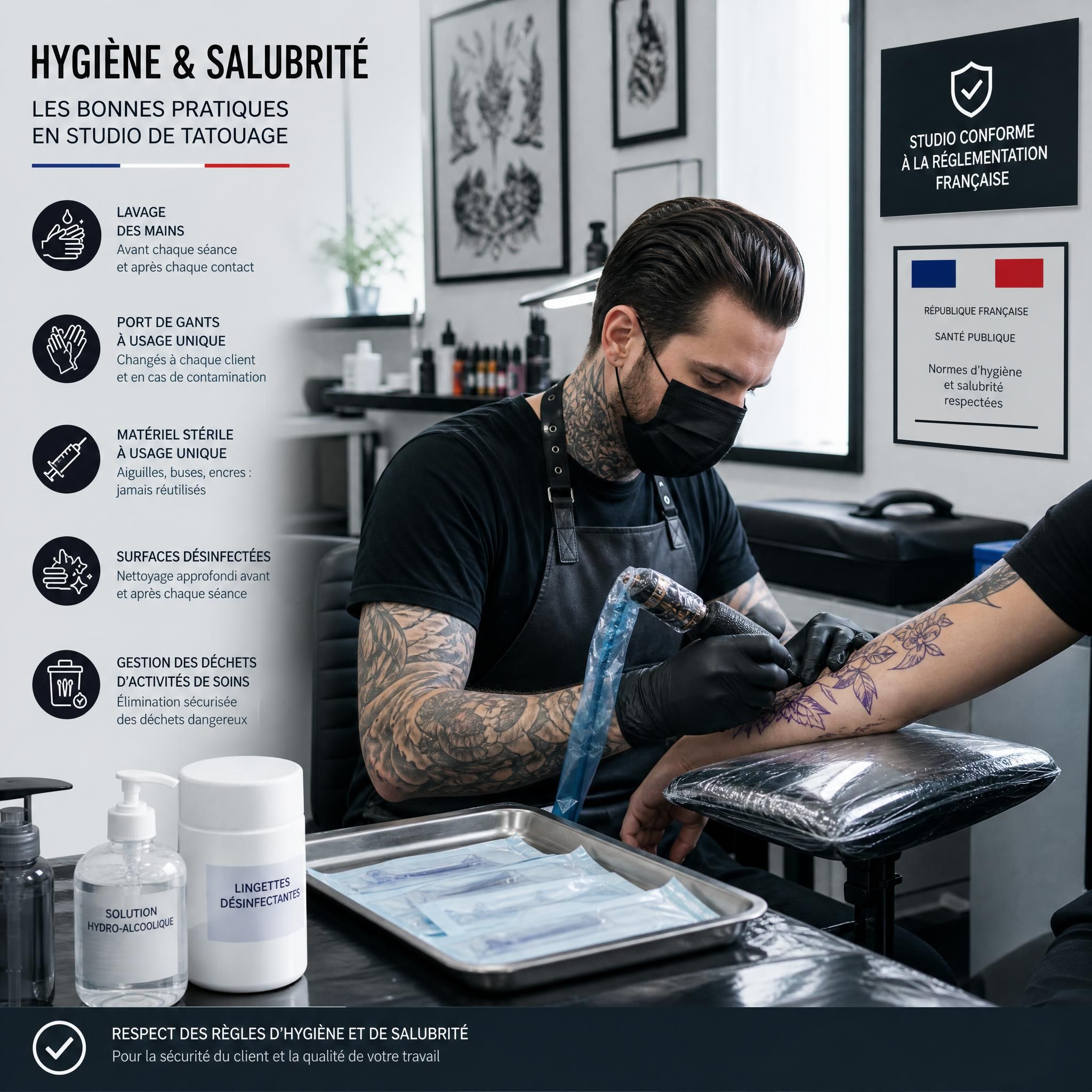 Professionnel du tatouage en tenue de protection appliquant les règles d'hygiène et salubrité dans un studio conforme à la réglementation française