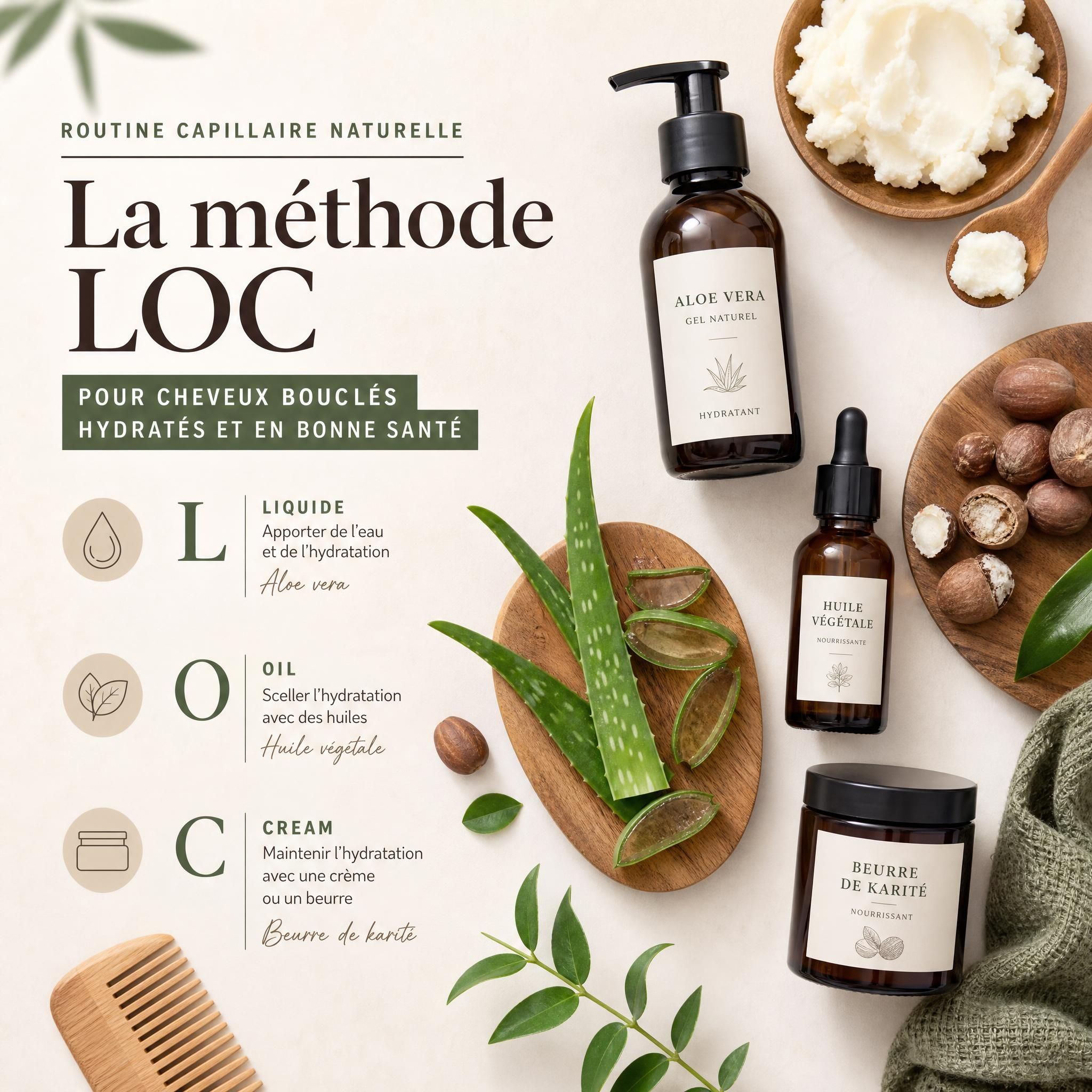 Flat lay produits soins capillaires naturels huile beurre karité aloe vera routine LOC cheveux bouclés