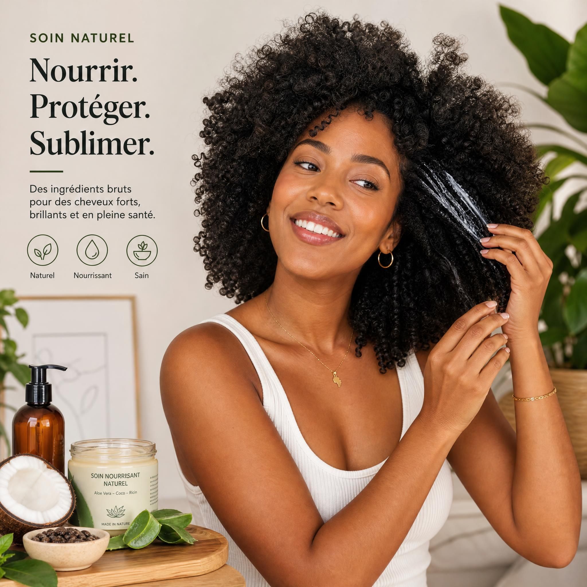 Femme aux cheveux bouclés et afro souriante appliquant un soin naturel sur ses cheveux texturés