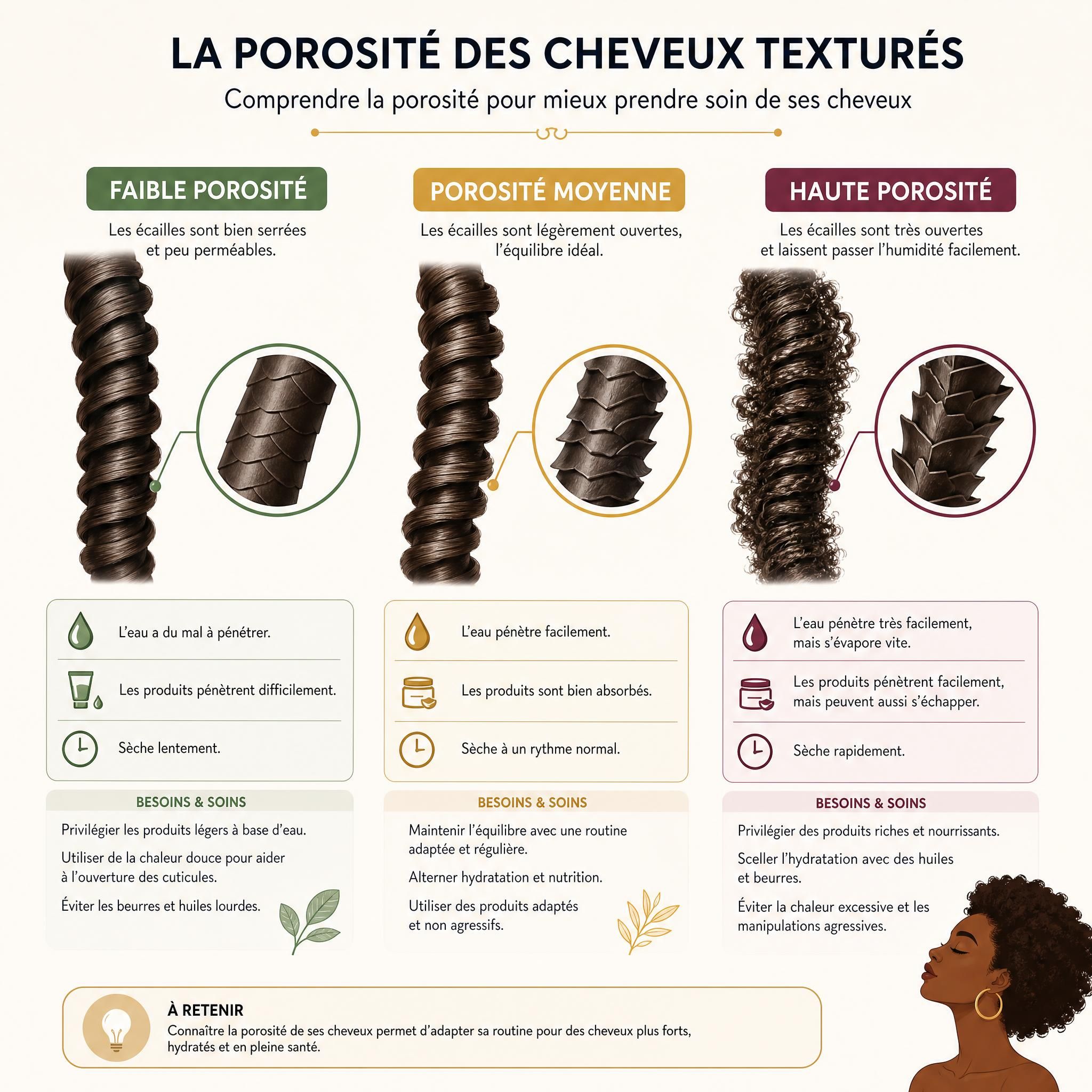 Illustration schéma comparaison porosité haute moyenne basse cheveux texturés bouclés afro