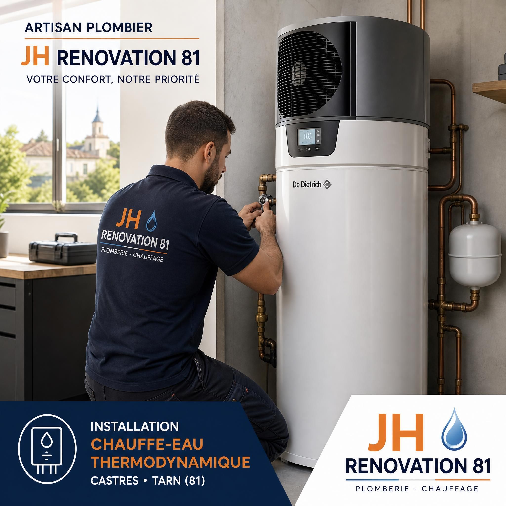 Artisan plombier JH Renovation 81 en intervention installation chauffe-eau thermodynamique Castres Tarn 81