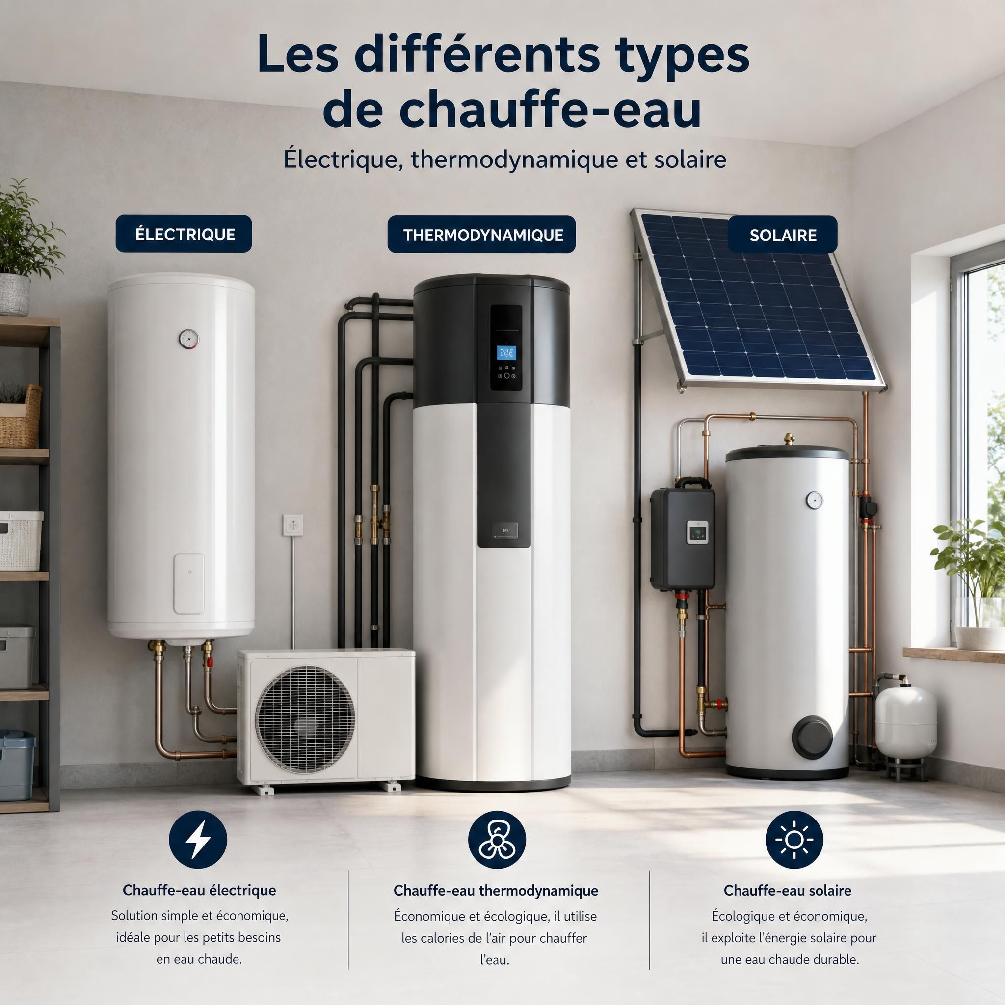 Différents types de chauffe-eau installés dans une salle technique moderne - chauffe-eau électrique thermodynamique solaire