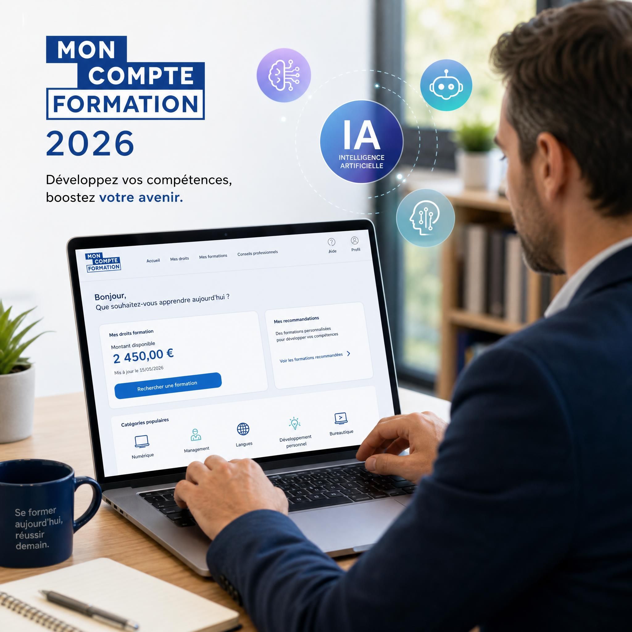 Professionnel consultant son compte CPF sur ordinateur avec interface Mon Compte Formation 2026 et icônes IA