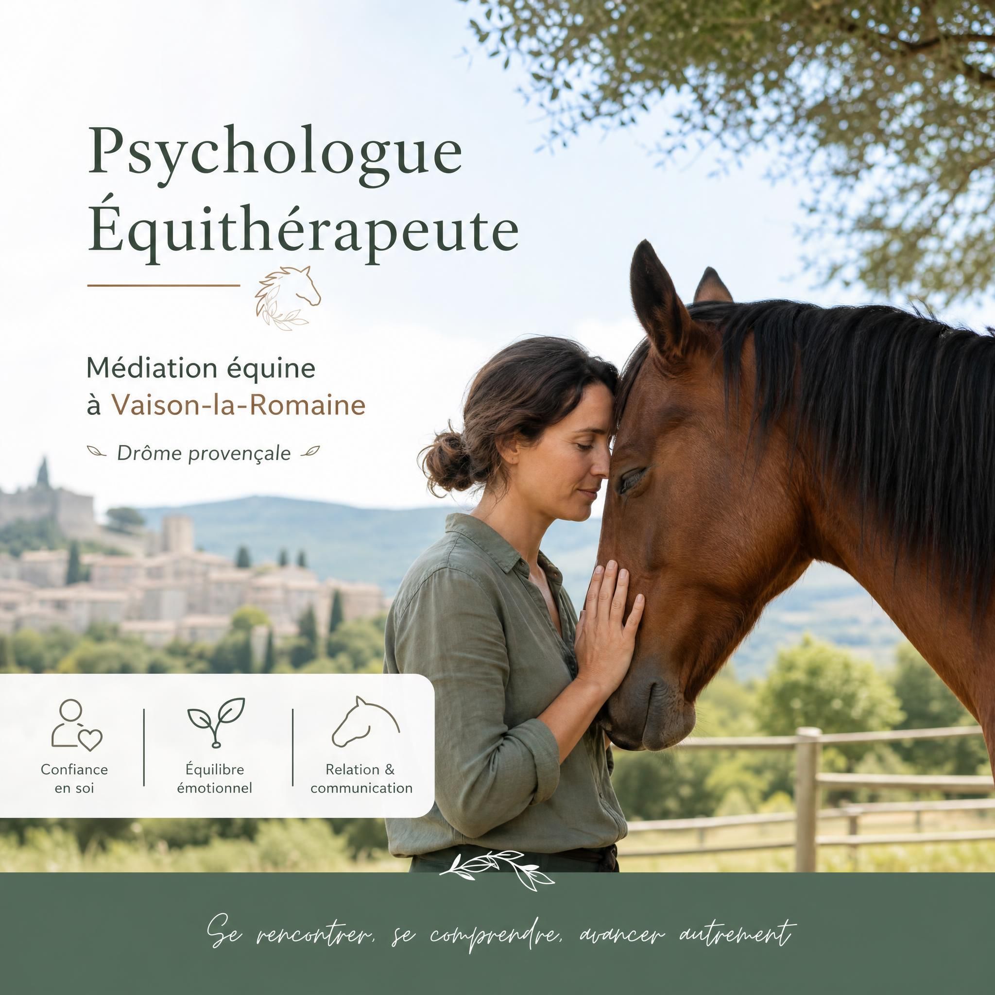 Psychologue équithérapeute avec cheval à Vaison-la-Romaine, séance de médiation équine en Drôme provençale