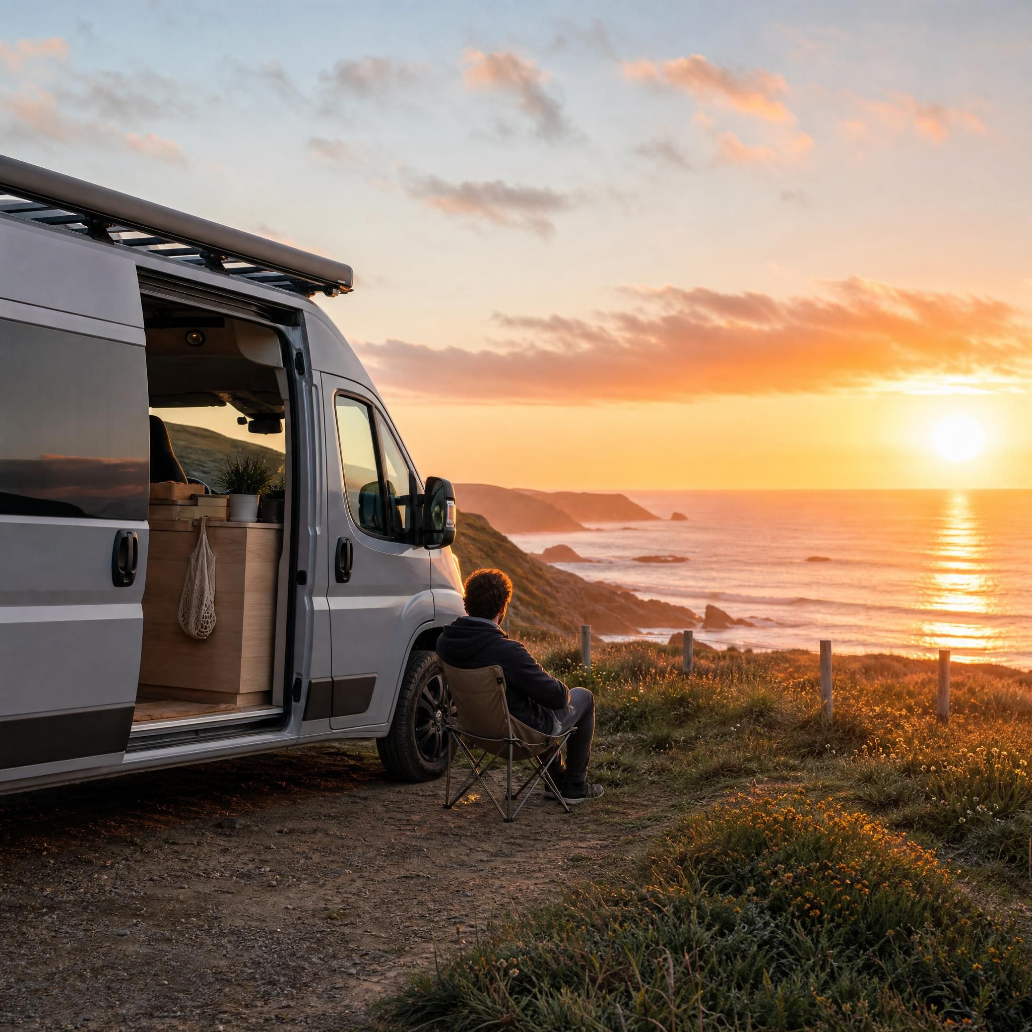Van aménagé garé face à un coucher de soleil sur une côte sauvage en France, liberté et road trip